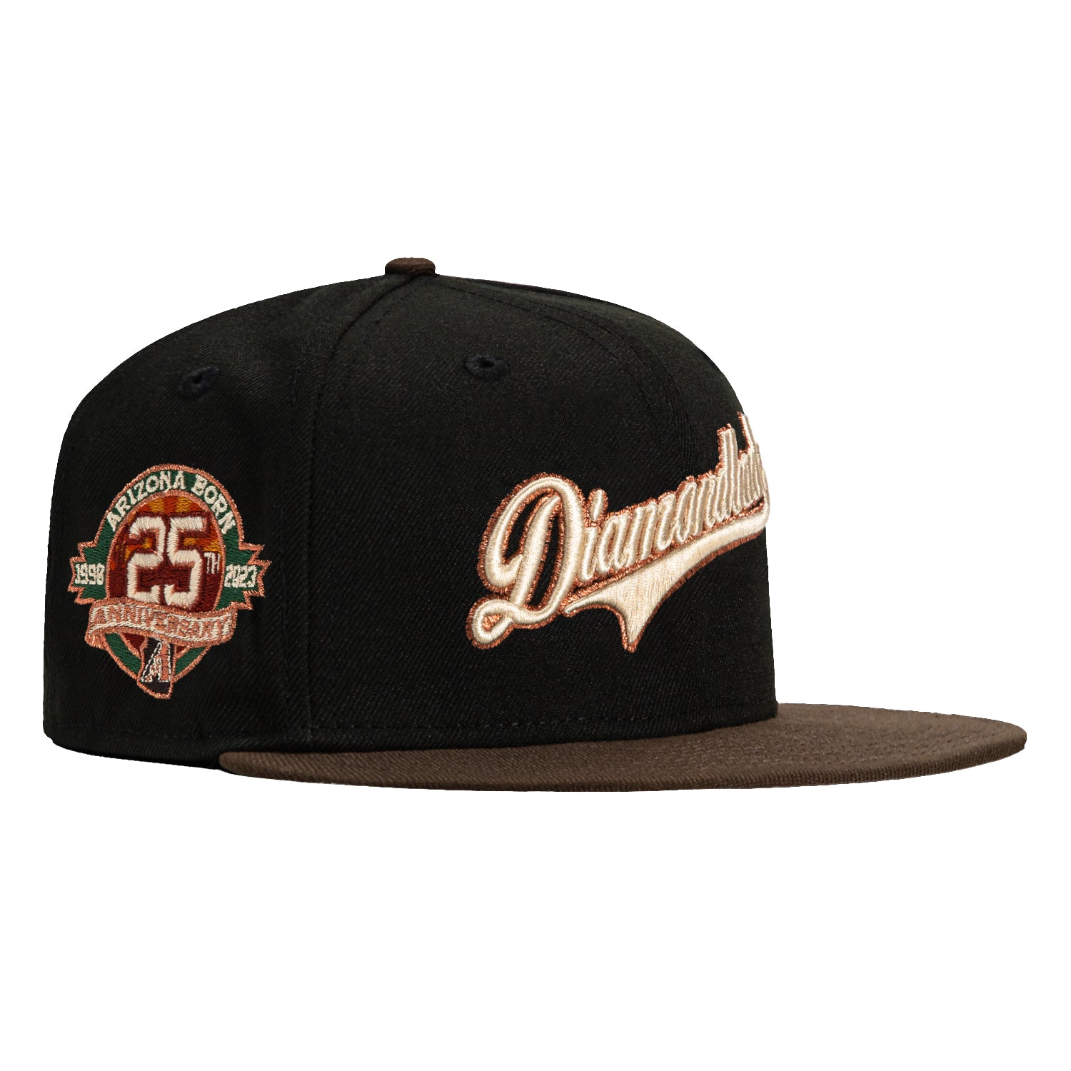 New Era 59Fifty Arizona Diamondbacks 25th Anniversary Patch Script Baseball Cap - Black & Brown - Official MLB Licensed Hat for Fans & Collectors - Perfect for Games, Tailgating & Everyday Wear