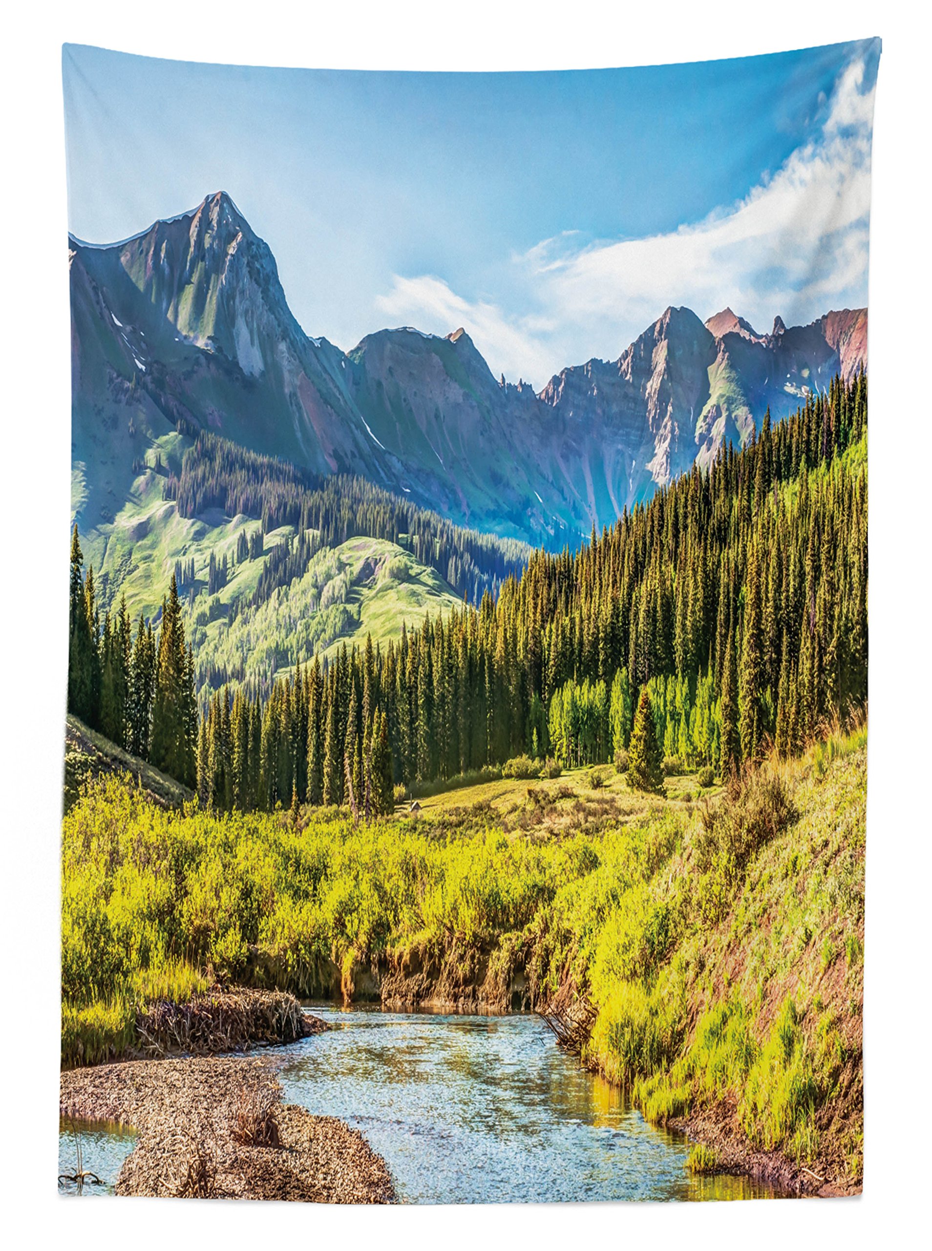 Ambesonne Waterproof Outdoor Tablecloth - Mountain Vista Forest River Landscape Design, Washable Picnic Table Cover 58x84 Inches - Perfect for Backyard BBQs, Camping & Outdoor Dining