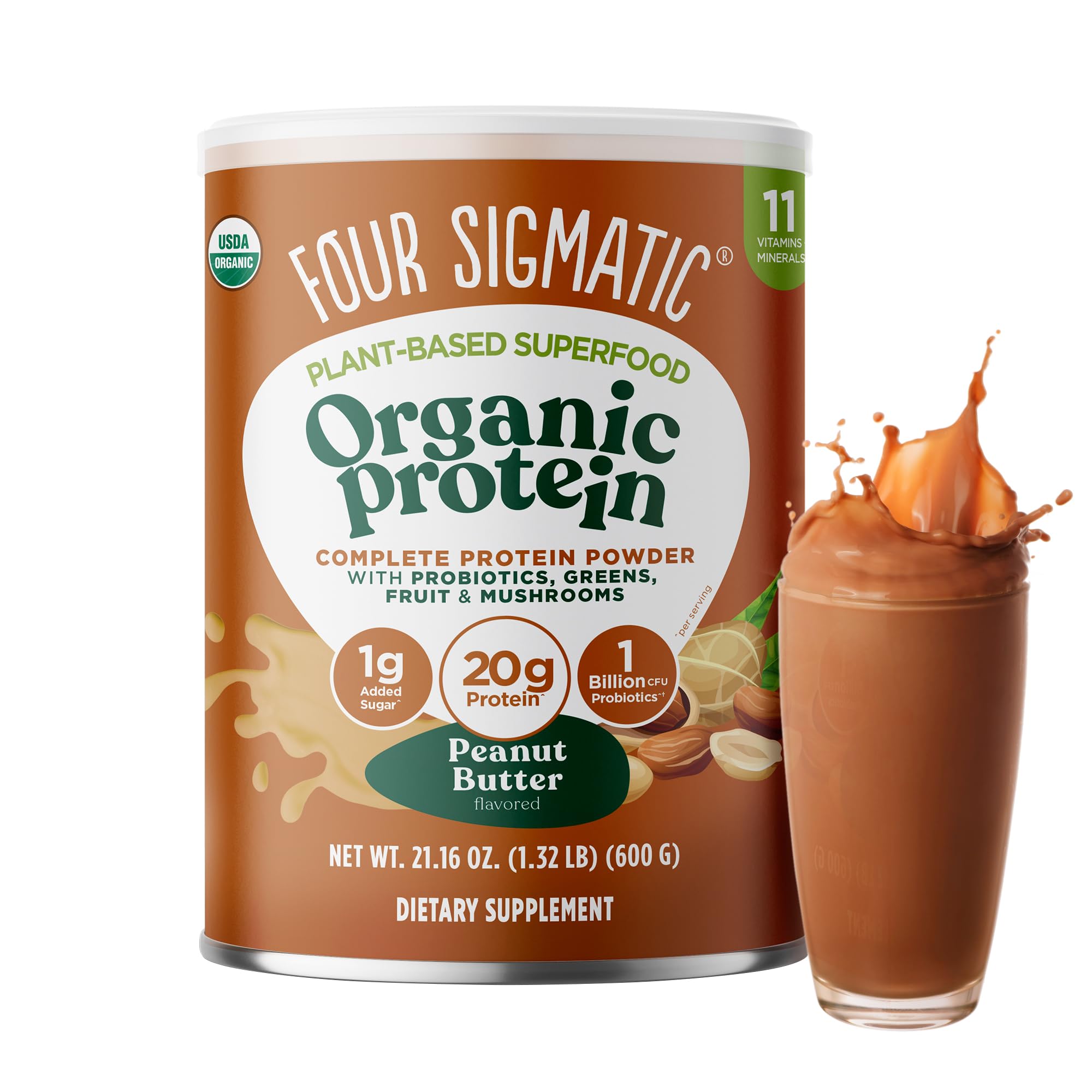 Four Sigmatic Organic Plant-Based Protein Powder - Peanut Butter Flavor with Lion’s Mane, Chaga & Cordyceps | Vegan Protein for Brain Function & Immune Support | 21.16 oz | Perfect for Post-Workout Recovery & Healthy Smoothies