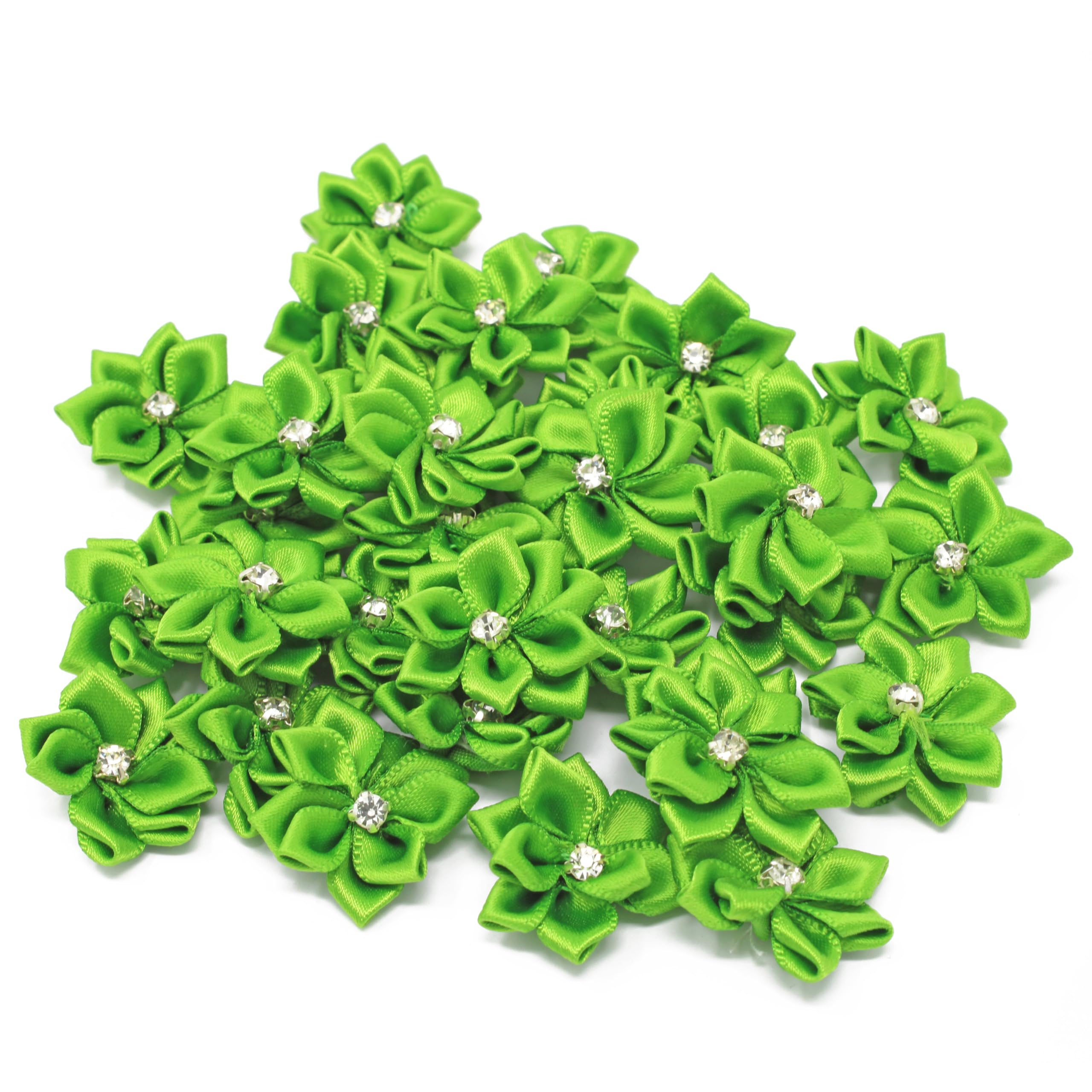 25mm Green Satin Ribbon Flowers with Rhinestone Center - Pack of 25 DIY Craft Flowers for Wedding Decorations, Gift Wrapping, Hair Accessories & Scrapbooking