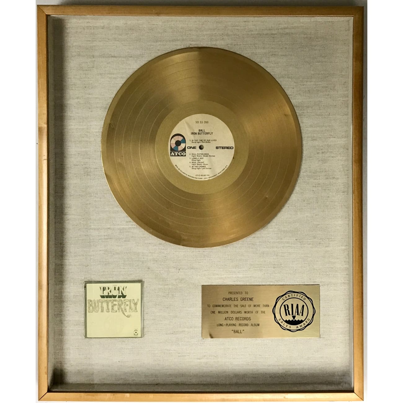 Rare Iron Butterfly Ball RIAA Gold LP Award - Vintage Vinyl Record for Collectors & Music Enthusiasts - Perfect for Home Decor, Music Room Display & Retro Gift