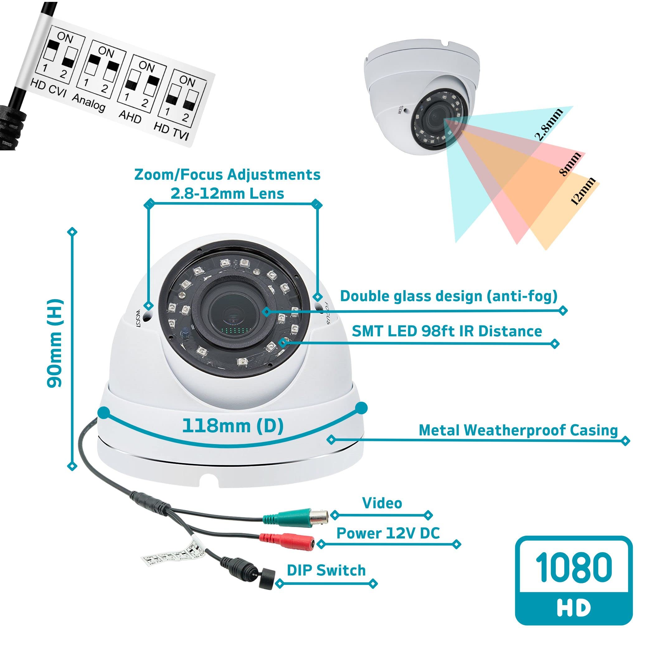 Evertech 1080p HD Weatherproof Outdoor Dome Security Camera with Adjustable Lens - 2 Pack for Home, Office & Business Surveillance - Night Vision, Motion Detection & Remote Viewing