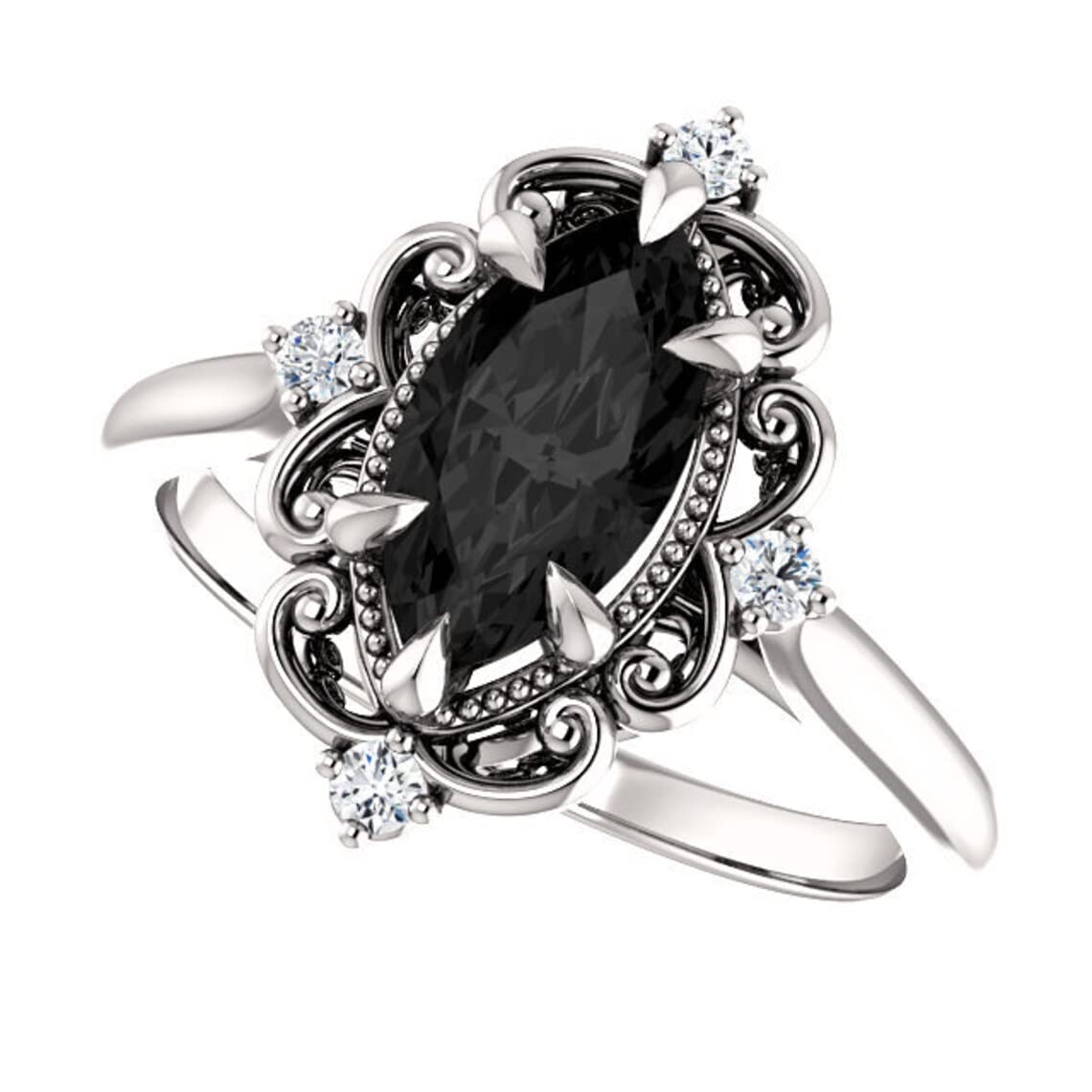 Vintage Black Marquise Engagement Ring - 2.0 CT Victorian Black Diamond Ring with Filigree Design - 925 Sterling Silver Black Onyx Ring - Perfect Gift for Anniversary, Proposal & Special Occasions