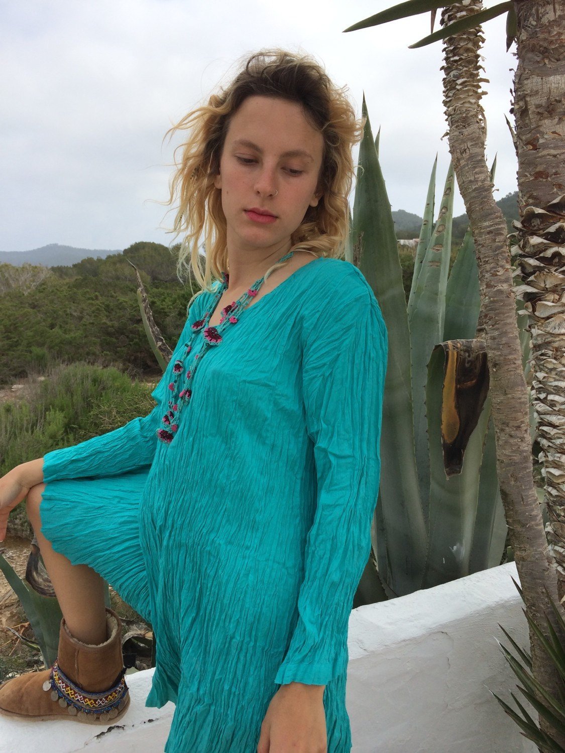 Turquoise Blue Cotton Kaftan Dress - Boho Chic Beach Cover Up from Ibiza | Perfect for Poolside, Vacation & Summer Outfits