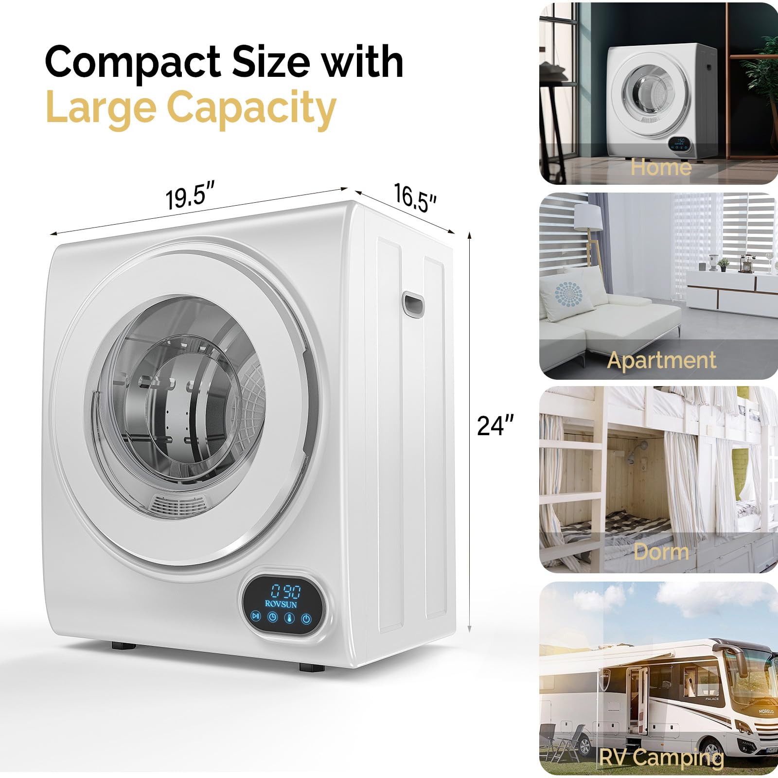 ROVSUN 1.5 cu.ft Portable Electric Clothes Dryer - 110V 850W Front Load Tumble Dryer with Stainless Steel Tub & LCD Touch Panel - Compact Laundry Solution for Apartments, Dorms, RVs & Small Spaces