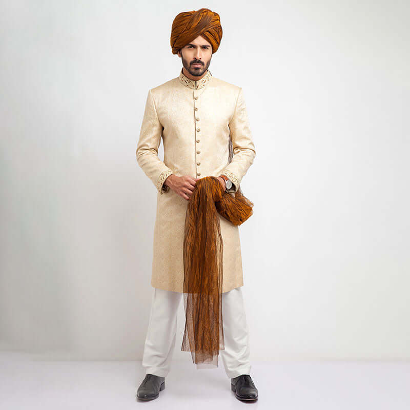 Luxury Beige Gold Pure Jamavar Silk Sherwani for Men | Handmade Indian Wedding Attire | Perfect for Groom, Groomsmen & Special Occasions