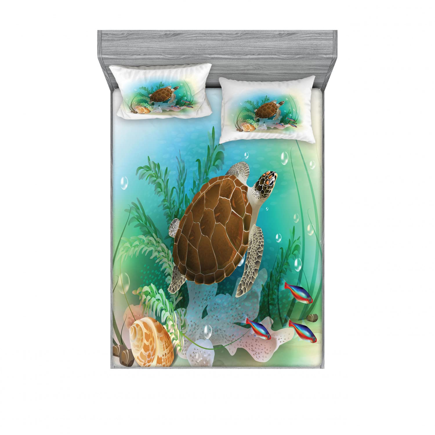 Ambesonne 2-Pack King Size Fitted Sheet & Pillow Sham Set - Sea Turtle Underwater Ocean Theme Bedding (4-Piece Set, Green & Brown) | Soft & Breathable for Comfortable Sleep | Perfect for Beach House, Guest Room, or Kids' Bedroom Decor