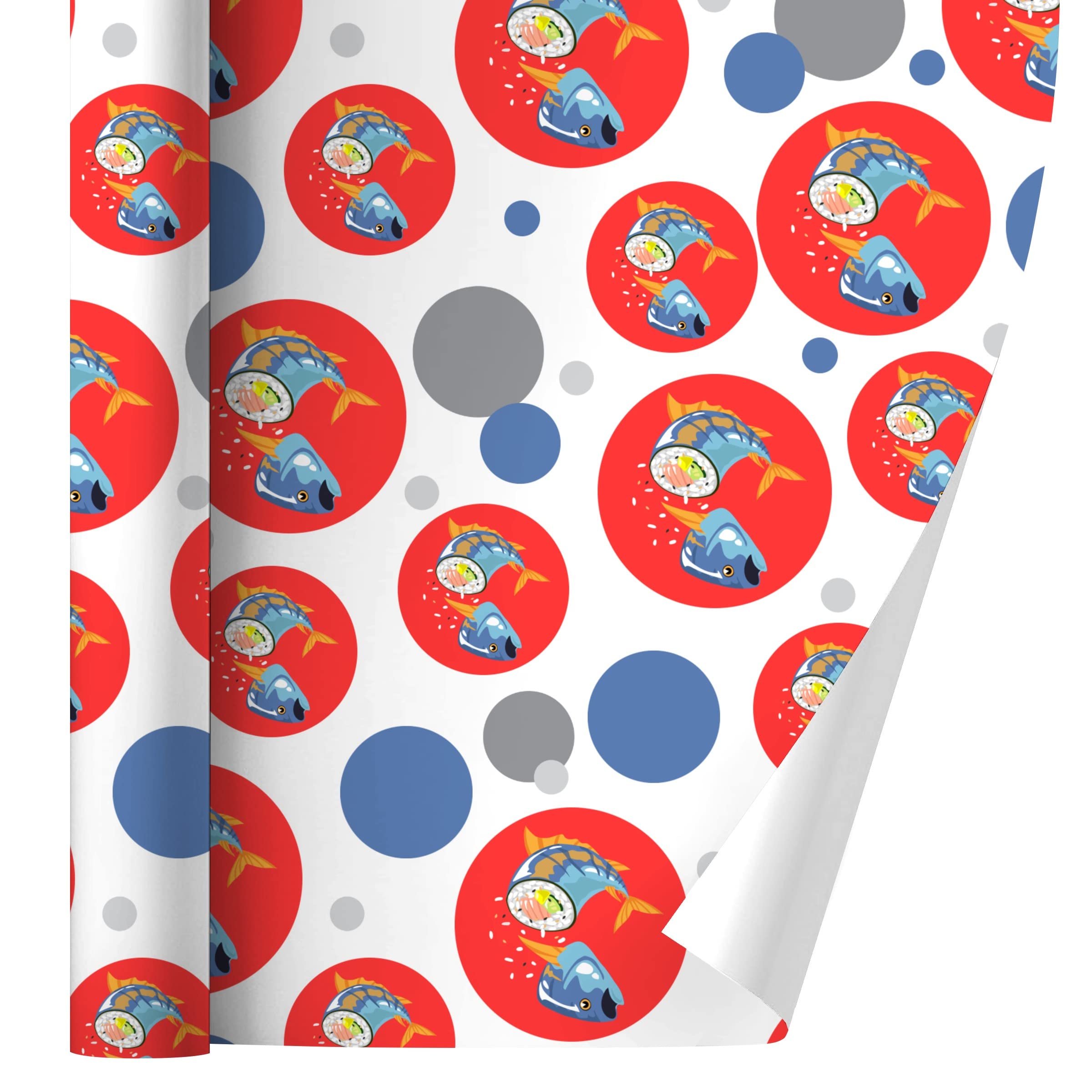 Premium Sushi Tuna Fish Yellowtail Roll Design Gift Wrap Paper Roll - Perfect for Birthday Presents, Japanese Food Themed Parties & Special Occasions