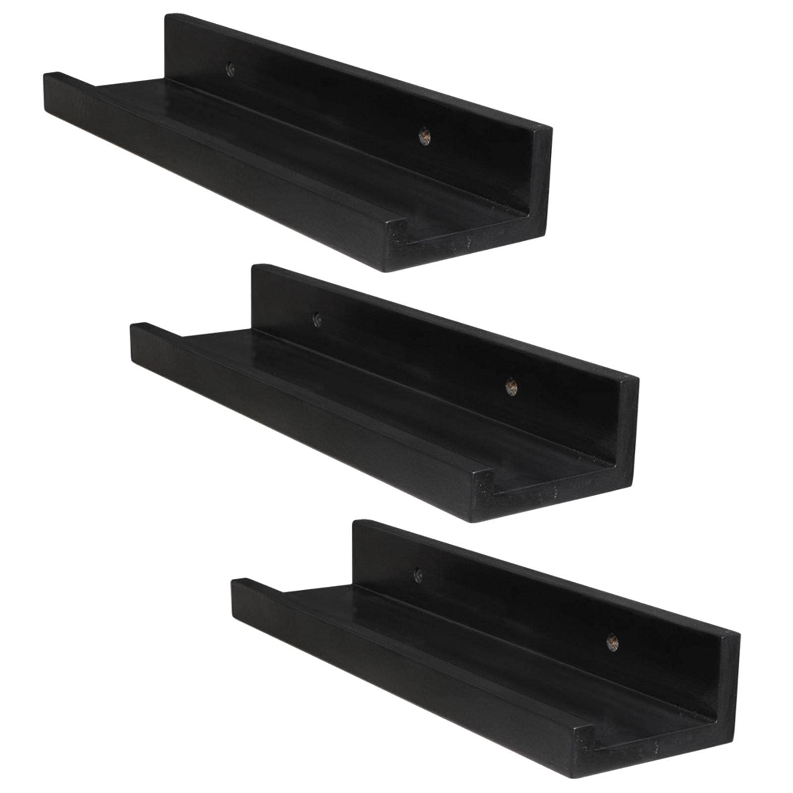 Set of 3 Black 14-Inch Floating Wall Shelves - Modern Wall Decor for Living Room, Bedroom & Bathroom Storage