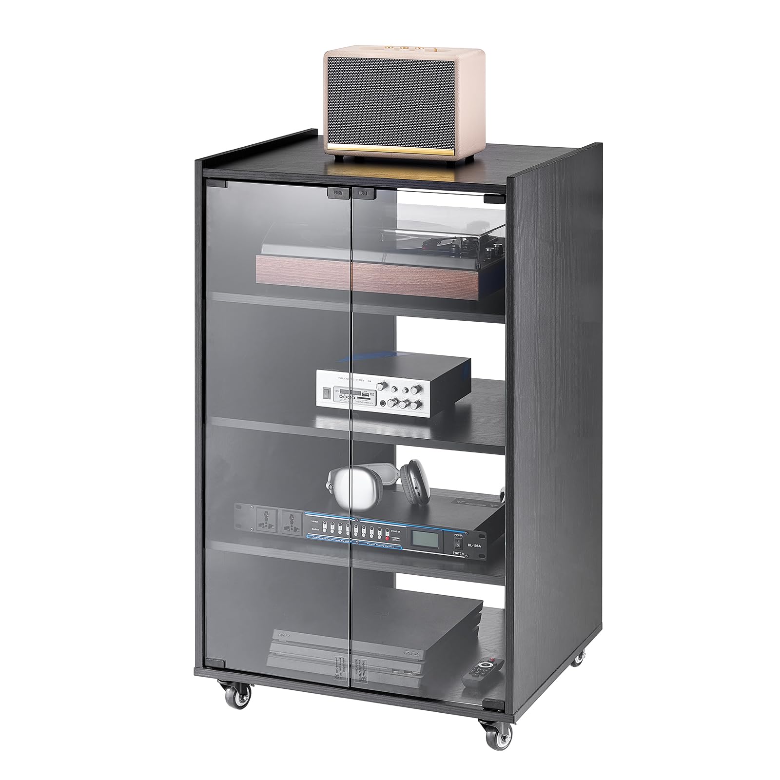 VEVOR 5-Tier Rolling TV Stand with Adjustable Shelves - Wooden Media Storage Cabinet for DVD Players, Cable Boxes, Gaming Consoles - Perfect for Living Room, Home Theater & Game Room Setup (Black)