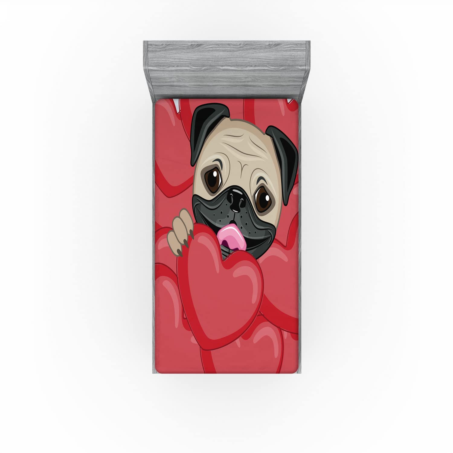 Ambesonne Pug Fitted Sheet, Dog Drawing with Hearts, Twin XL - Perfect for Pet Lovers' Bedroom Decor