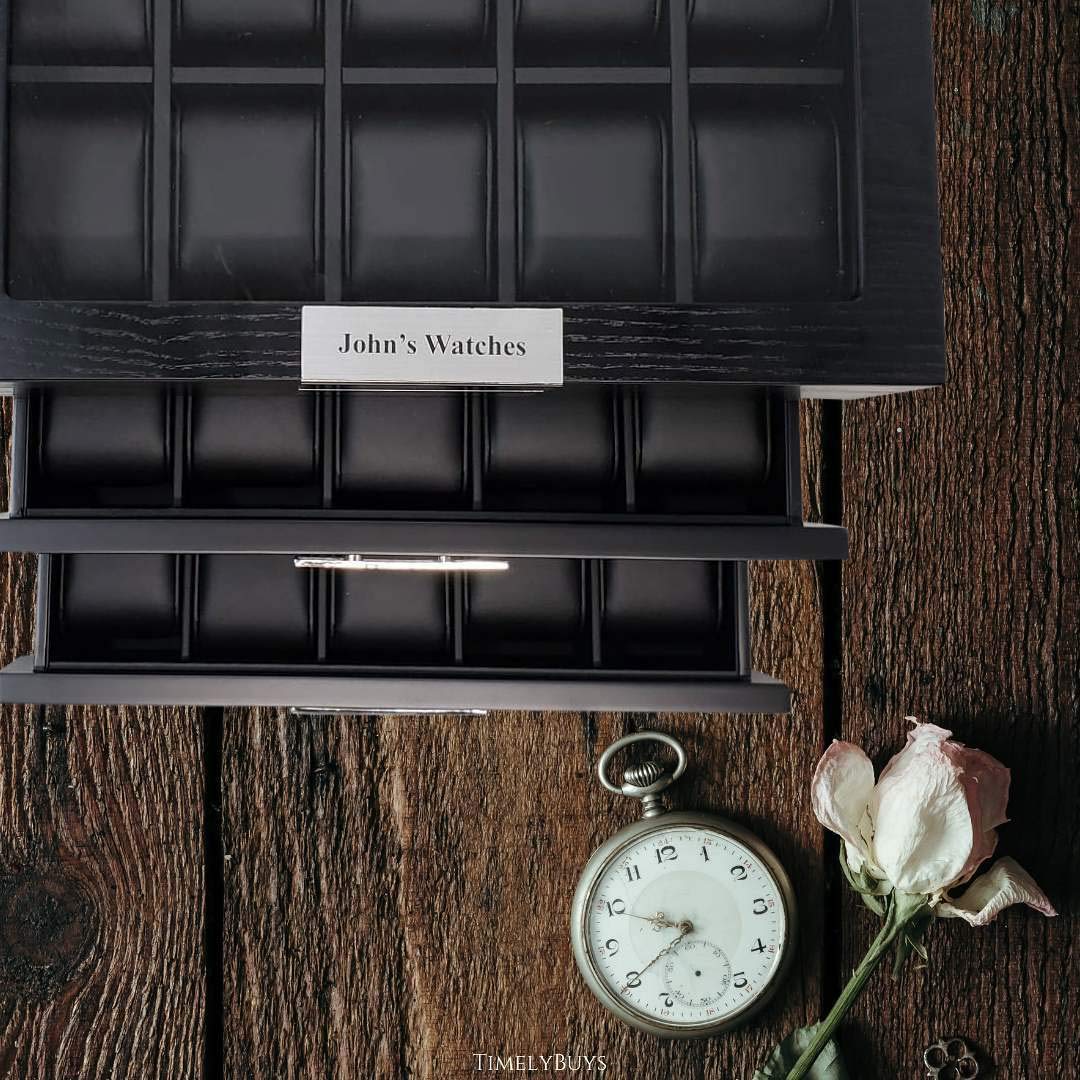 Personalized Ebony Wood Watch Display Case - 3-Tier Jewelry Organizer with Glass Top, Stainless Steel Accents & 2 Drawers - Luxury Watch Storage Box for Men & Women - Perfect for Home, Office or Gift Giving