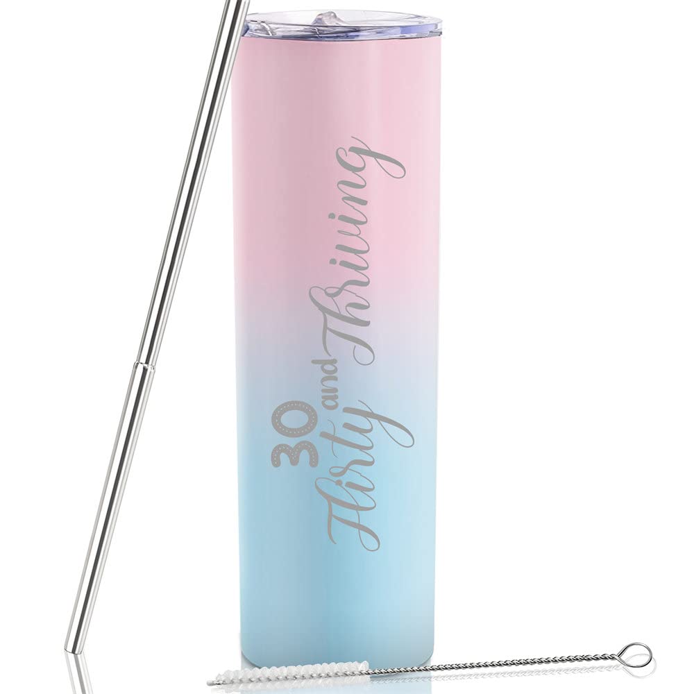 30th Birthday Gifts for Women - 20oz Skinny Tumbler with Lid & Straw - Pink Gradient Travel Cup - Perfect 1992 Birthday Present for Her - Great for Office, Gym & Outdoor Adventures