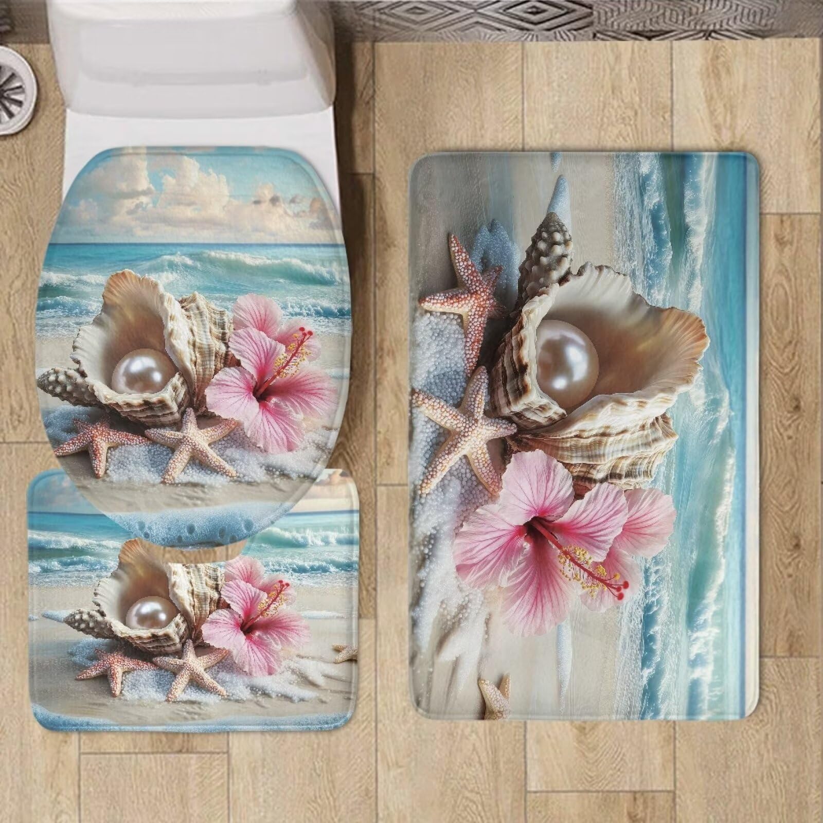 FOR U DESIGNS Bathroom Rug Set - Washable U-Shaped Toilet Lid Cover & Soft Absorbent Bath Mat, Universal Fit for Elongated Toilets - Perfect for Beach House, Guest Bathroom & Coastal Decor