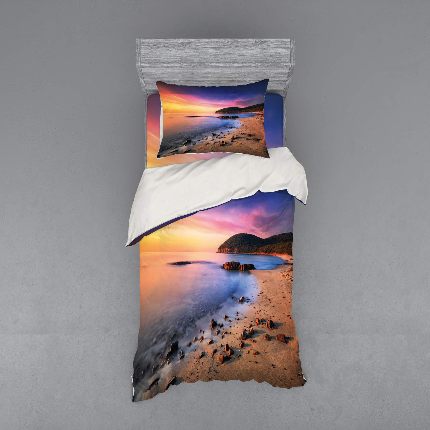 Ambesonne Mediterranean Sunrise Beach Duvet Cover Set - 3 Piece Twin Size Bedding with Sham & Fitted Sheet - Coastal Pebble Print Design for Seaside Themed Bedroom Decor - Perfect for Guest Rooms, Vacation Homes & Beach House Retreats