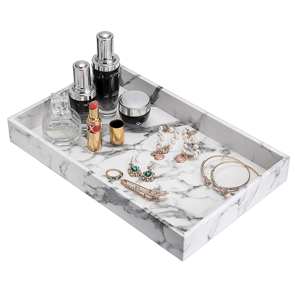 Hipiwe Faux Leather Desktop Organizer Tray - Marble White Vanity Tray for Perfume, Cosmetics & Jewelry Storage | Dresser Catchall Tray for Bathroom, Bedroom & Office Decor | Perfect for Organizing Makeup, Accessories & Small Essentials