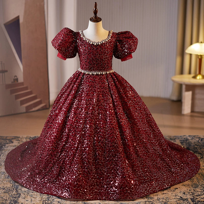 Burgundy Princess Scoop Floor Length Sequined Flower Girl Dress for Weddings, Pageants & Special Occasions – Elegant Formal Gown for Kids