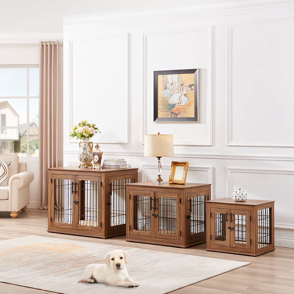 BeeNbkks Stylish Wooden Dog Crate End Table - Double Door Wire Kennel with Removable Pet Bed | Indoor Decorative Dog House for Medium & Large Dogs | Perfect for Living Room, Bedroom & Home Office Decor