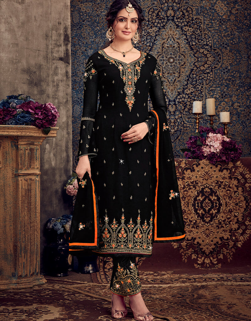 Elegant Black Georgette Pant Salwar Suits for Women - Traditional Indian Ethnic Wear for Festivals, Weddings & Special Occasions