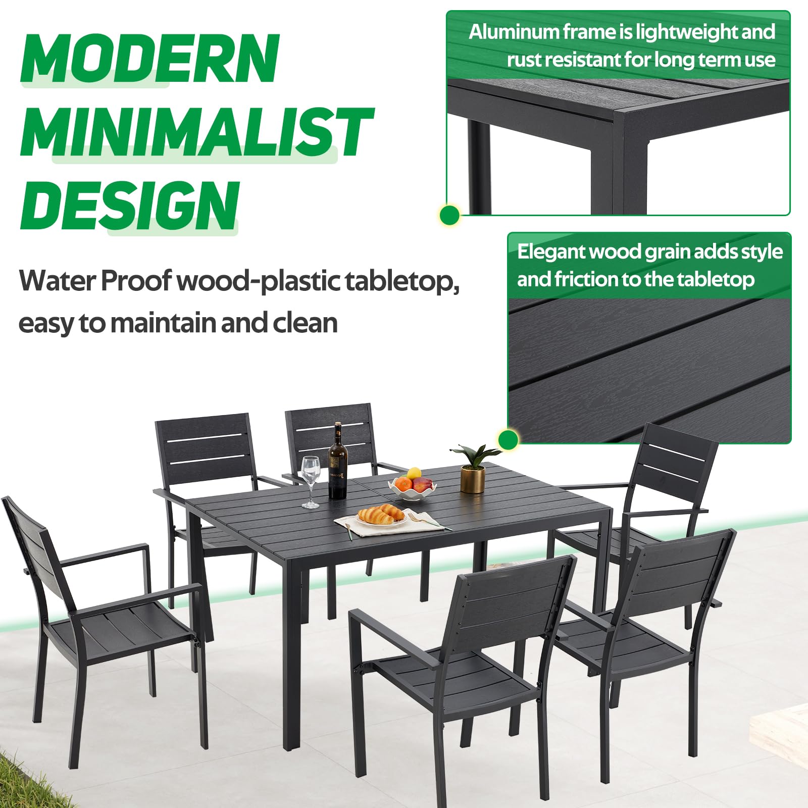 U-MAX 7-Piece Aluminum Outdoor Dining Set - Modern Patio Table and 6 Stackable Chairs for Garden, Backyard, Poolside - Durable Black Aluminum Frame Furniture for Outdoor Entertaining & Relaxation