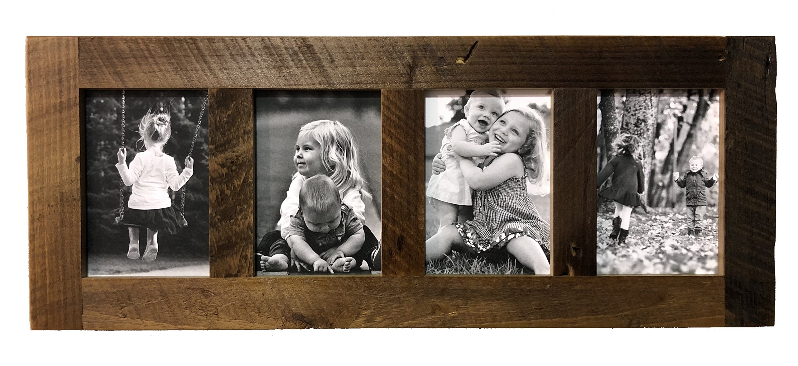 Rustic Reclaimed Barnwood Collage Picture Frame - Multi Opening Wall Display for 5x7 Photos (4 Openings) - Floating Wood Photo Frame for Living Room, Bedroom & Office Decor