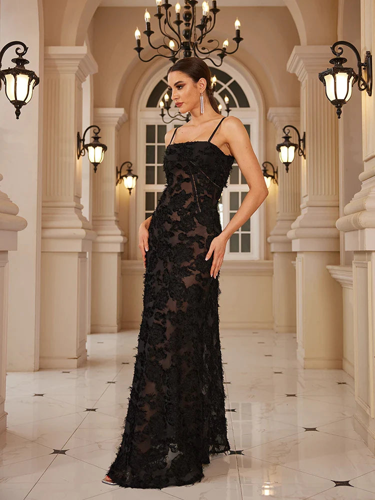 Elegant Black Applique Maxi Dress for Women - Formal Occasion & Party Gown - Perfect for Dancing, Weddings, and Evening Events