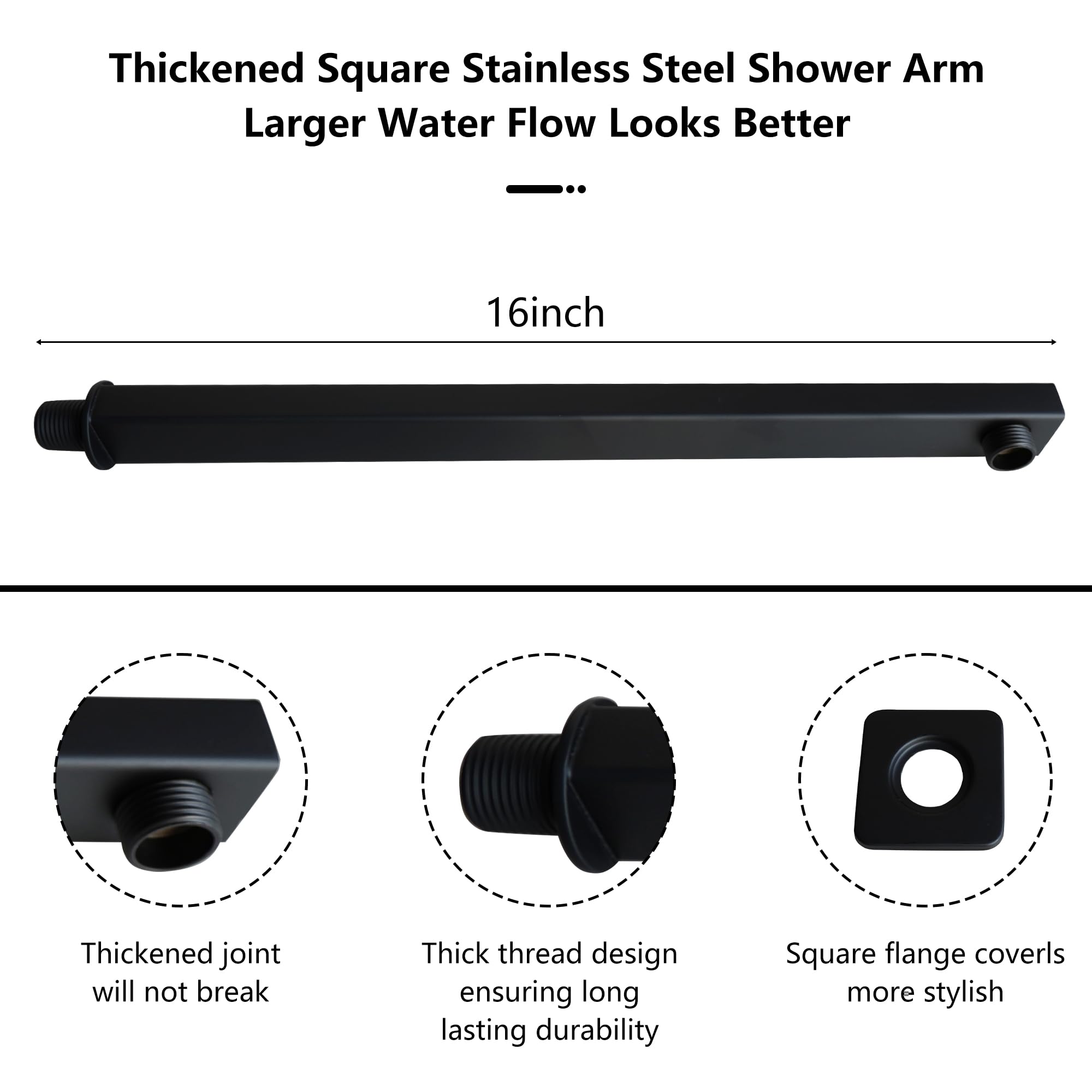 12 Inch Square Matte Black Rain Shower Head with 16 Inch Extension Arm - Large Stainless Steel Rainfall Showerhead for Full Body Coverage - Perfect for Modern Bathroom & Spa-Like Shower Experience