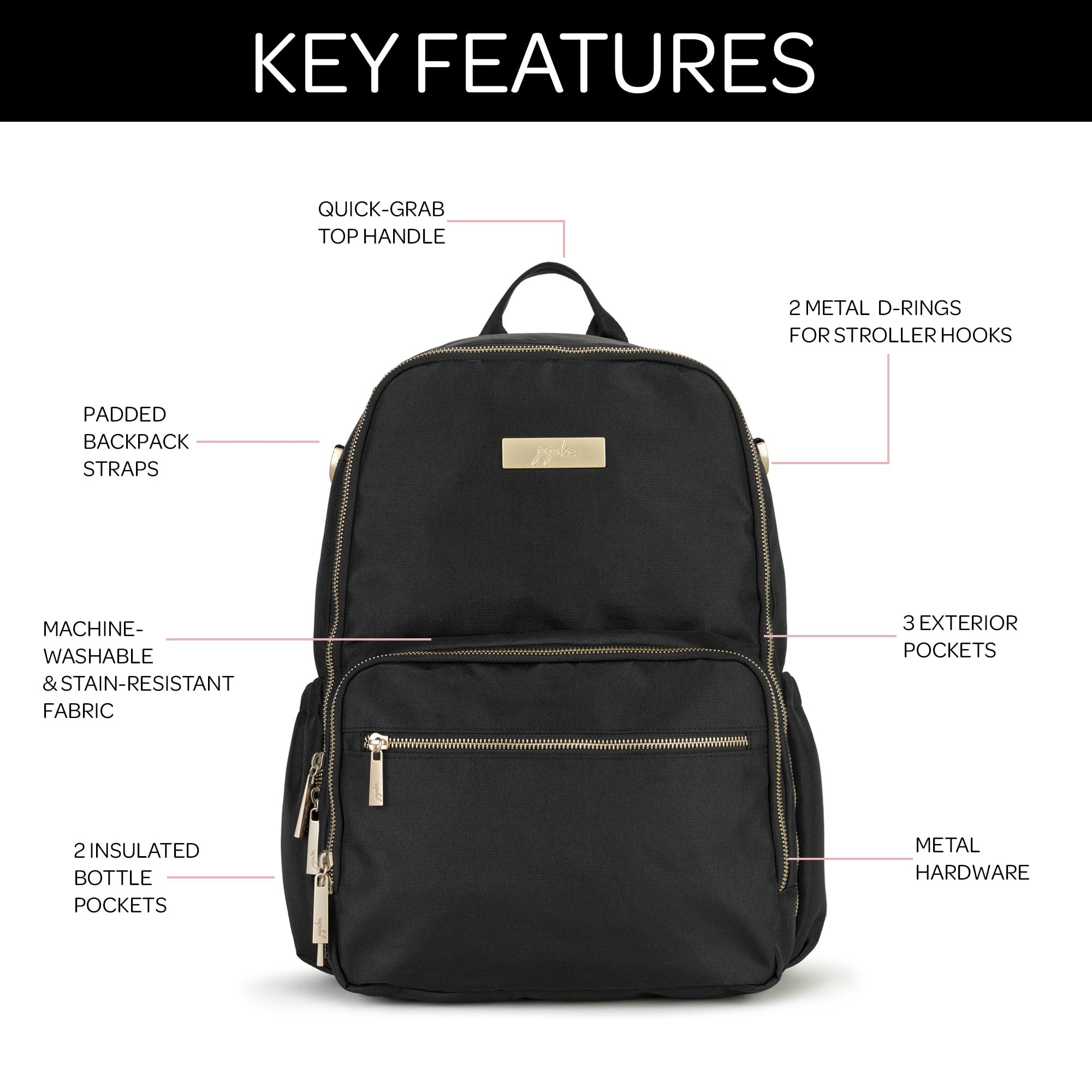 JuJuBe Zealous Diaper Backpack - Stylish Lightweight Baby Bag with 9 Pockets for Diapers, Bottles & Essentials | Adjustable Padded Straps | Black Chromatics | Perfect for Moms On-the-Go, Travel & Daycare Trips