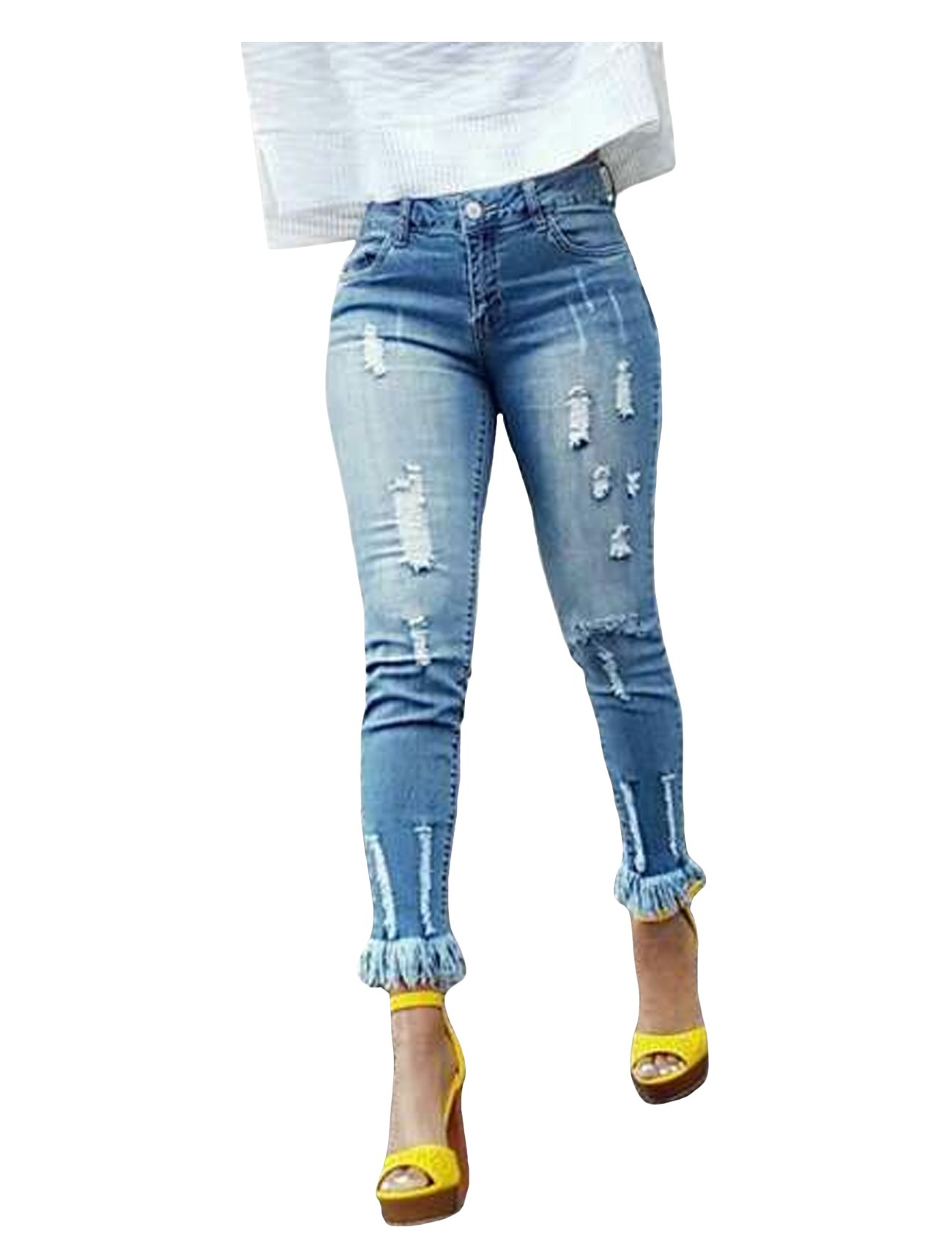 Women's Distressed Slim Skinny Jeans with Tassel Detail - High Waisted Stretch Denim Pants for Casual Wear & Night Out