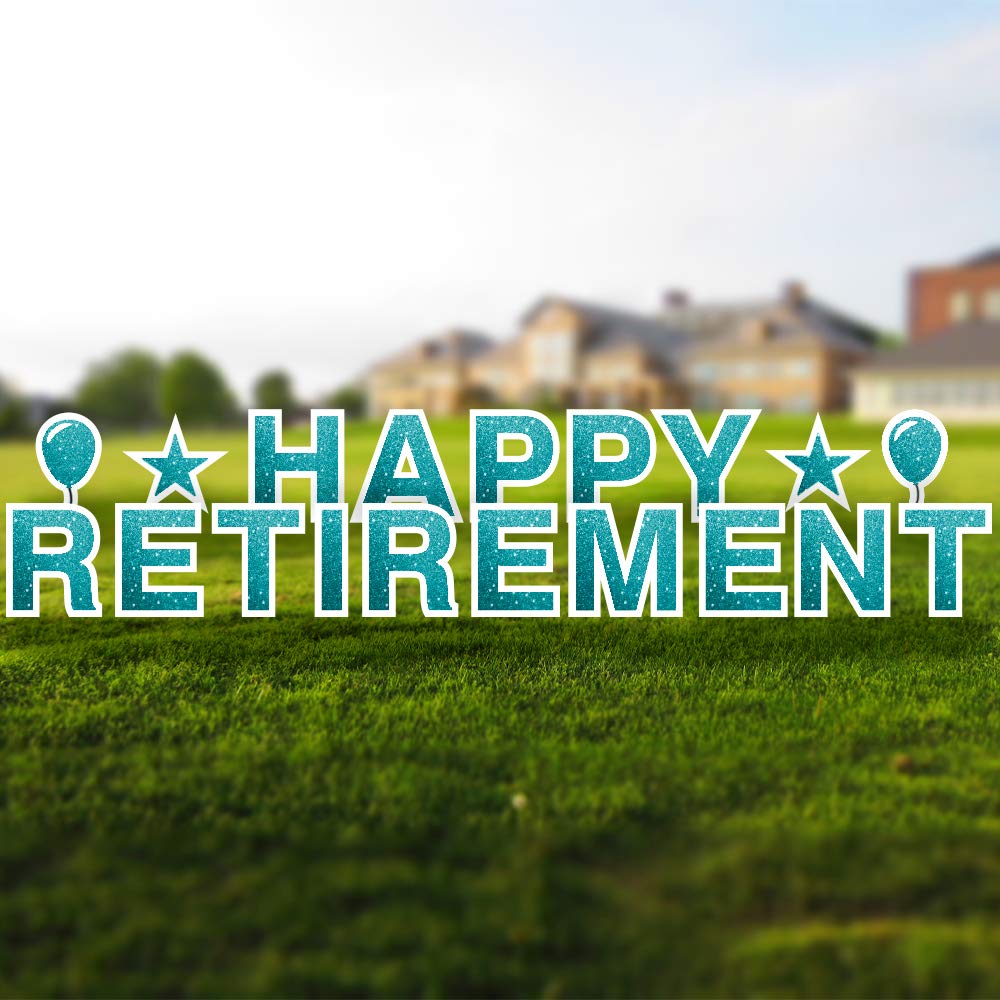 Happy Retirement Yard Sign - 18in Tall with Stakes & Emojis, Durable Corrugated Plastic, Retirement Party Decorations, Unique Retirement Gifts (Faux Glitter Teal) - Perfect for Outdoor Celebrations, Backyard Parties & Retirement Surprises