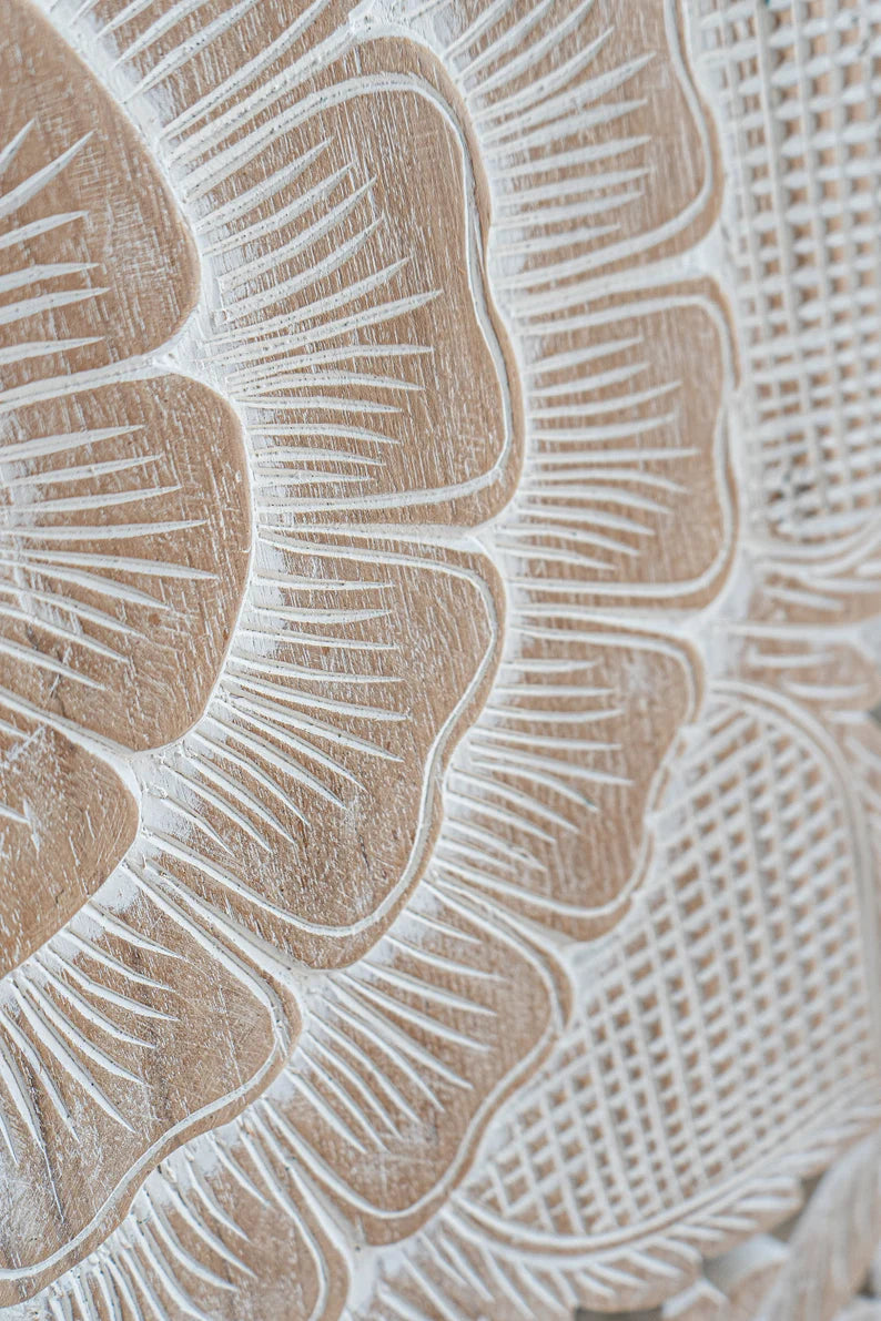 Hand Carved Indian Wooden Bed Frame - Dynasty Low Line in Beach White Finish | Solid Wood Bed Frame for Bedroom, Guest Room & Beach House Decor