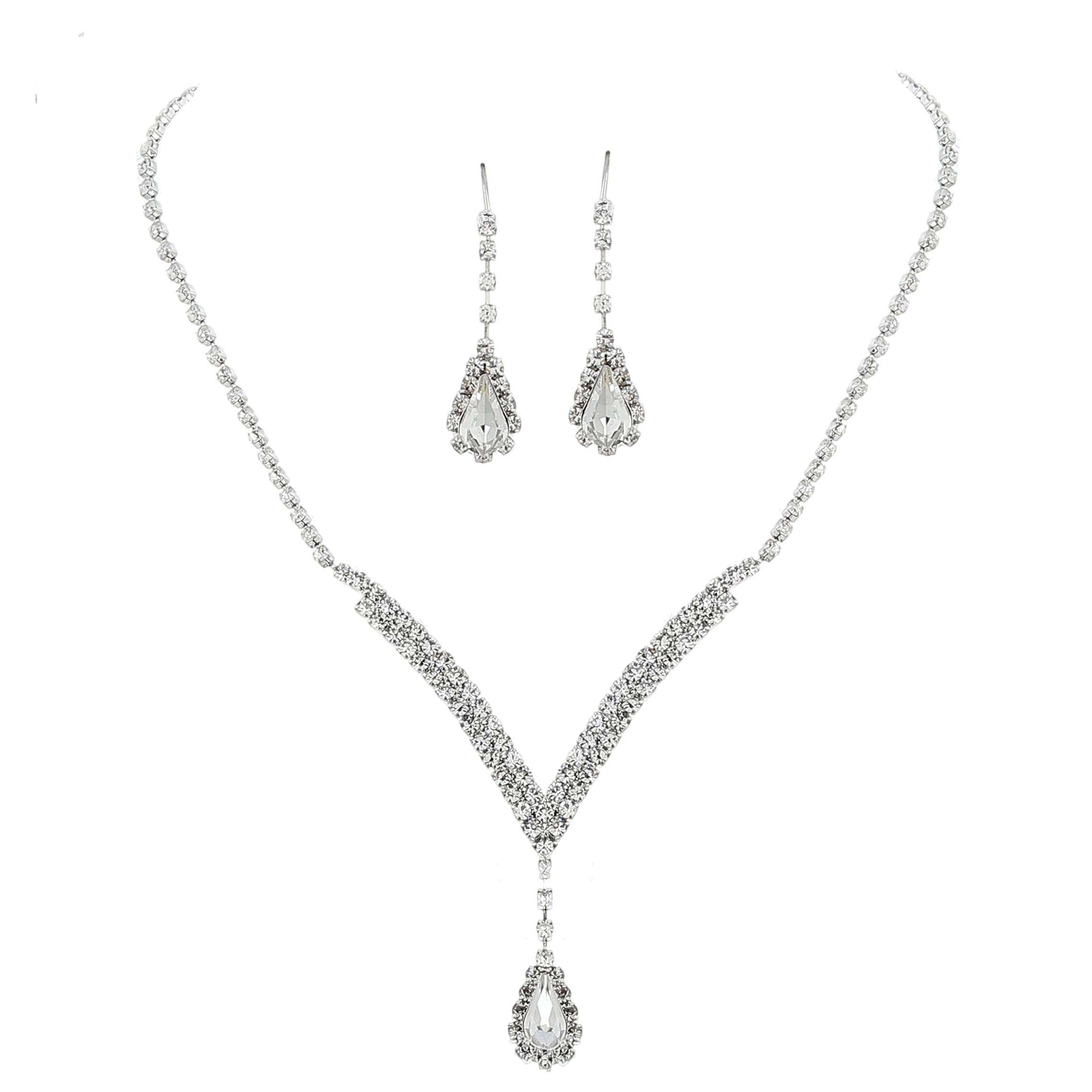 Barode Bride Necklace & Earrings Set - Silver Rhinestone Bridal Jewelry with Teardrop Crystal Pendant, Wedding Choker Necklace for Women & Girls - Perfect for Bridal Showers, Weddings, and Special Occasions