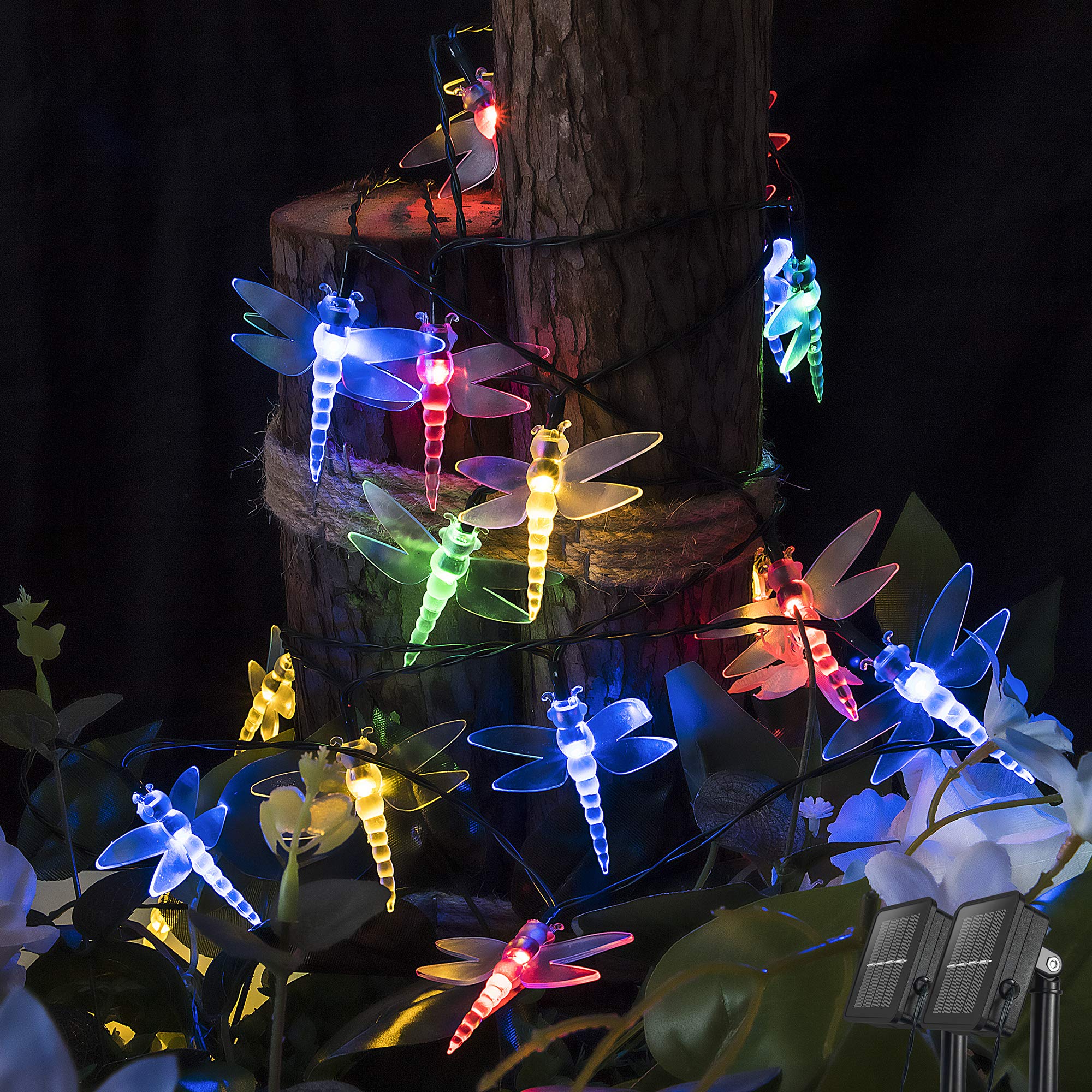 Shinymolly 2-Pack Solar Dragonfly String Lights - 19.6FT 30 LED Outdoor Decorative Fairy Lights with 8 Lighting Modes | Solar Powered Garden Lights for Patio, Yard, Fence, Wedding & Christmas Party Decor (Multicolor) | Perfect for Backyard Ambiance, Evening Gatherings & Holiday Celebrations
