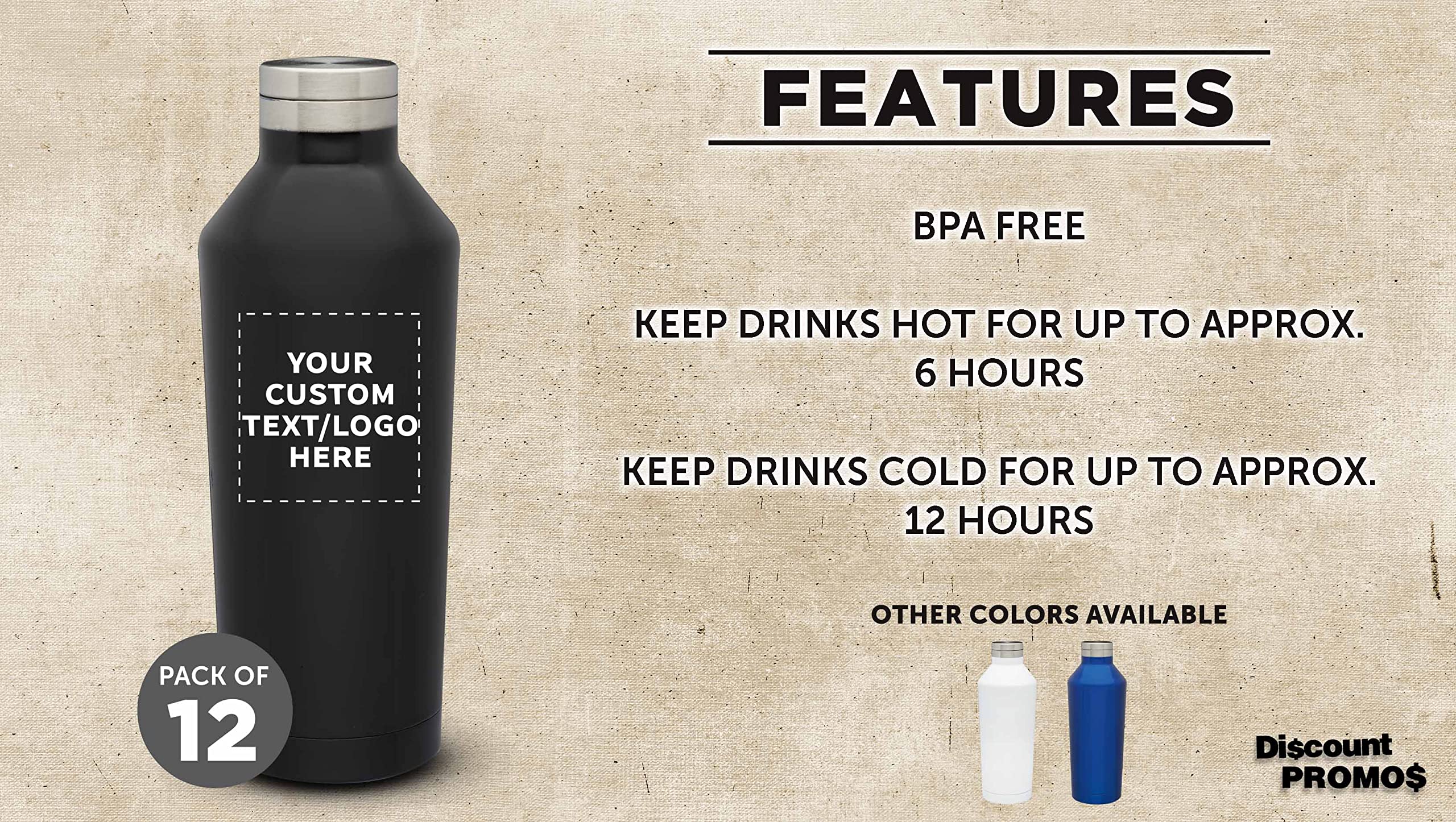 Custom Stainless Steel Water Bottles 17oz (12-Pack) - Double Wall Insulated, Personalized Bulk Drinkware for Coffee, Tea, Soda & Cold Beverages - Black - Perfect for Office, Gym, Camping & Outdoor Activities