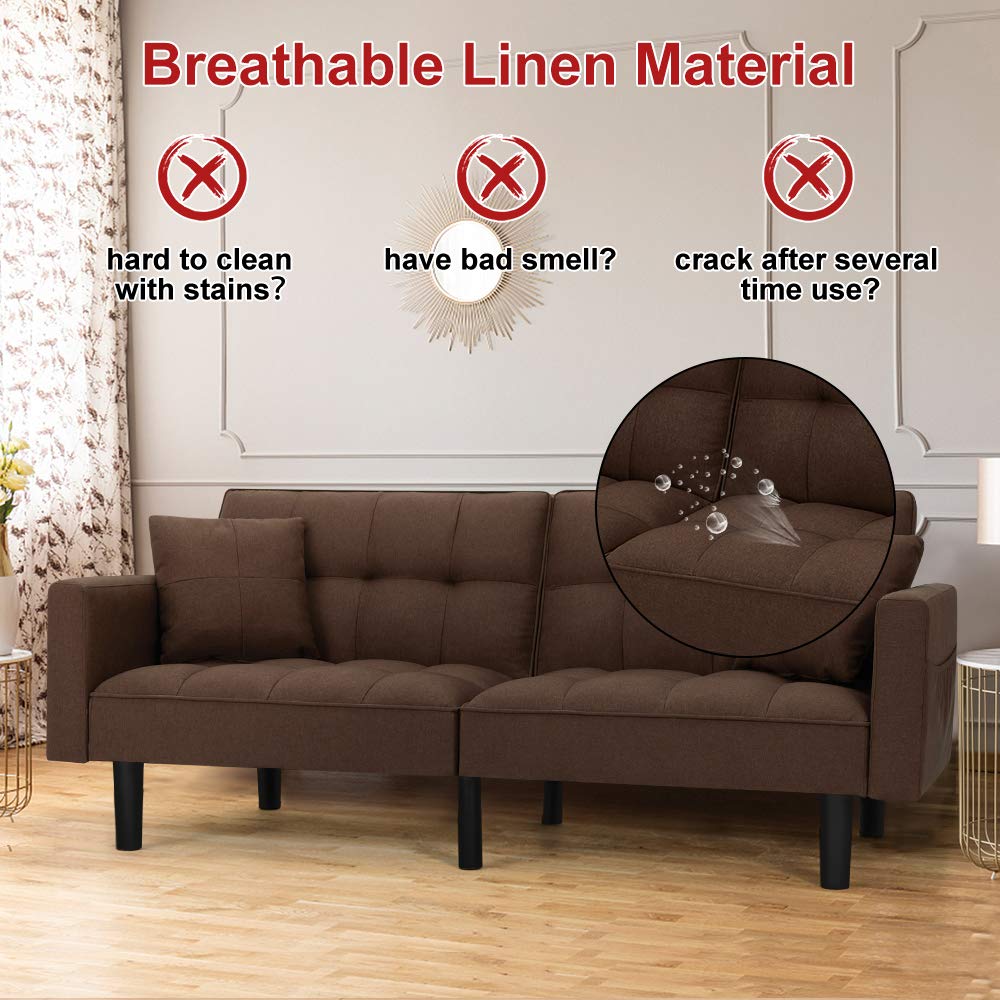 Modern Linen Convertible Futon Sofa Bed - Foldable Recliner Couch with Adjustable Back & Armrests for Living Room, Bedroom, Guest Room - Brown (Perfect for Small Spaces & Overnight Guests)