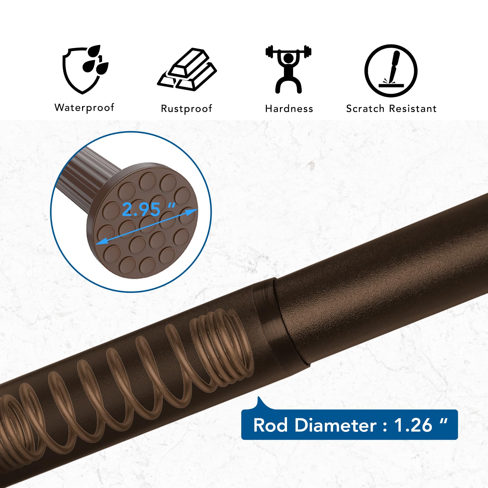 Umimile Rust-Resistant Spring Tension Shower Curtain Rod - Adjustable 51-86 Inch Brown Closet Rod for Bathroom, Window, or Shower - Easy Installation for Home & Apartment Use