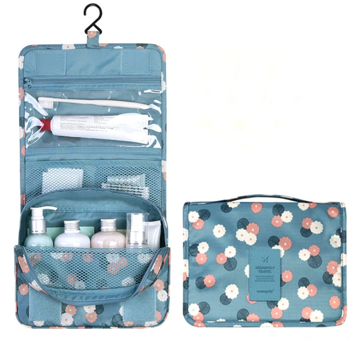 Trawila Travel Hanging Toiletry Bag for Men & Women - Waterproof Cosmetic Organizer with Sturdy Hook, Perfect for Bathroom & Makeup Storage (Blue Floral Design) | Ideal for Camping, Gym & Business Trips