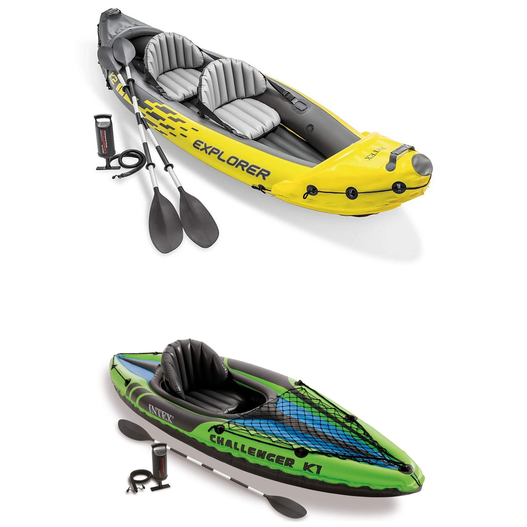 Intex Explorer K2 2-Person Inflatable Kayak with Aluminum Oars & Pump - Intex Challenger K1 1-Person Inflatable Kayak with Oar & Hand Pump - Portable Kayaks for Lakes, Rivers & Recreational Water Sports