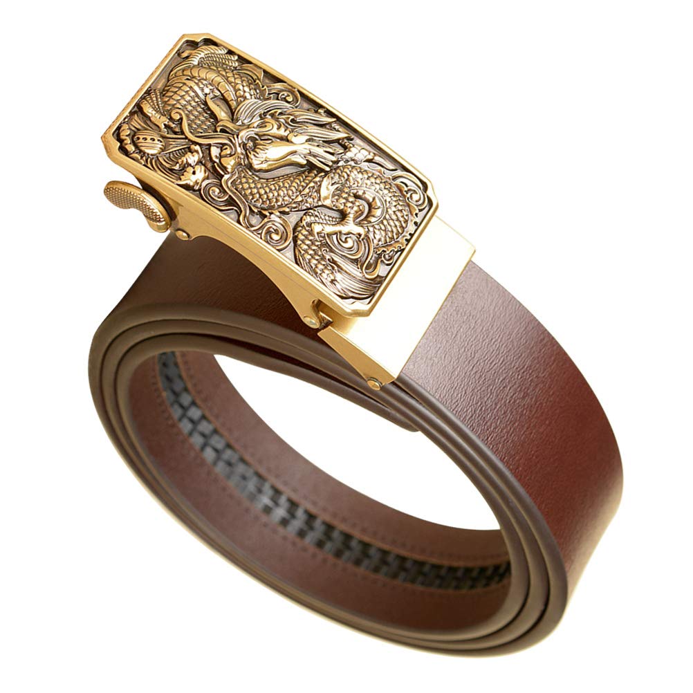 KESYOO Genuine Leather Belt for Men - Black Automatic Golden Buckle with Dragon Pattern - Stylish Dress Belt for Office, Casual & Formal Wear