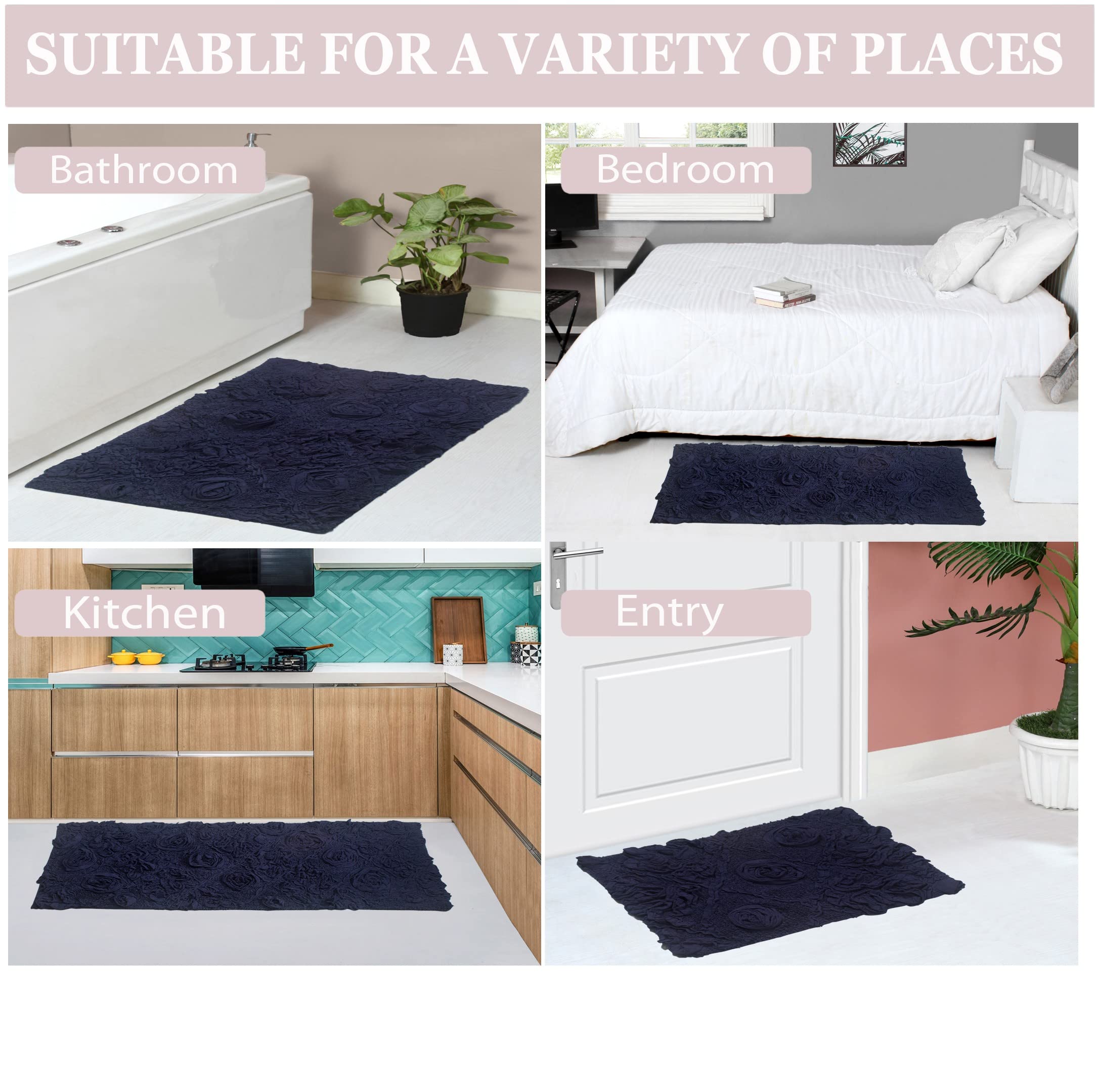 Premium 100% Cotton Bath Rug Set - Ultra Soft & Absorbent Non-Slip Bathroom Mats with Runner - Washable 4-Piece Collection for Bathroom & Kitchen Floor - Navy Blue Home Decor