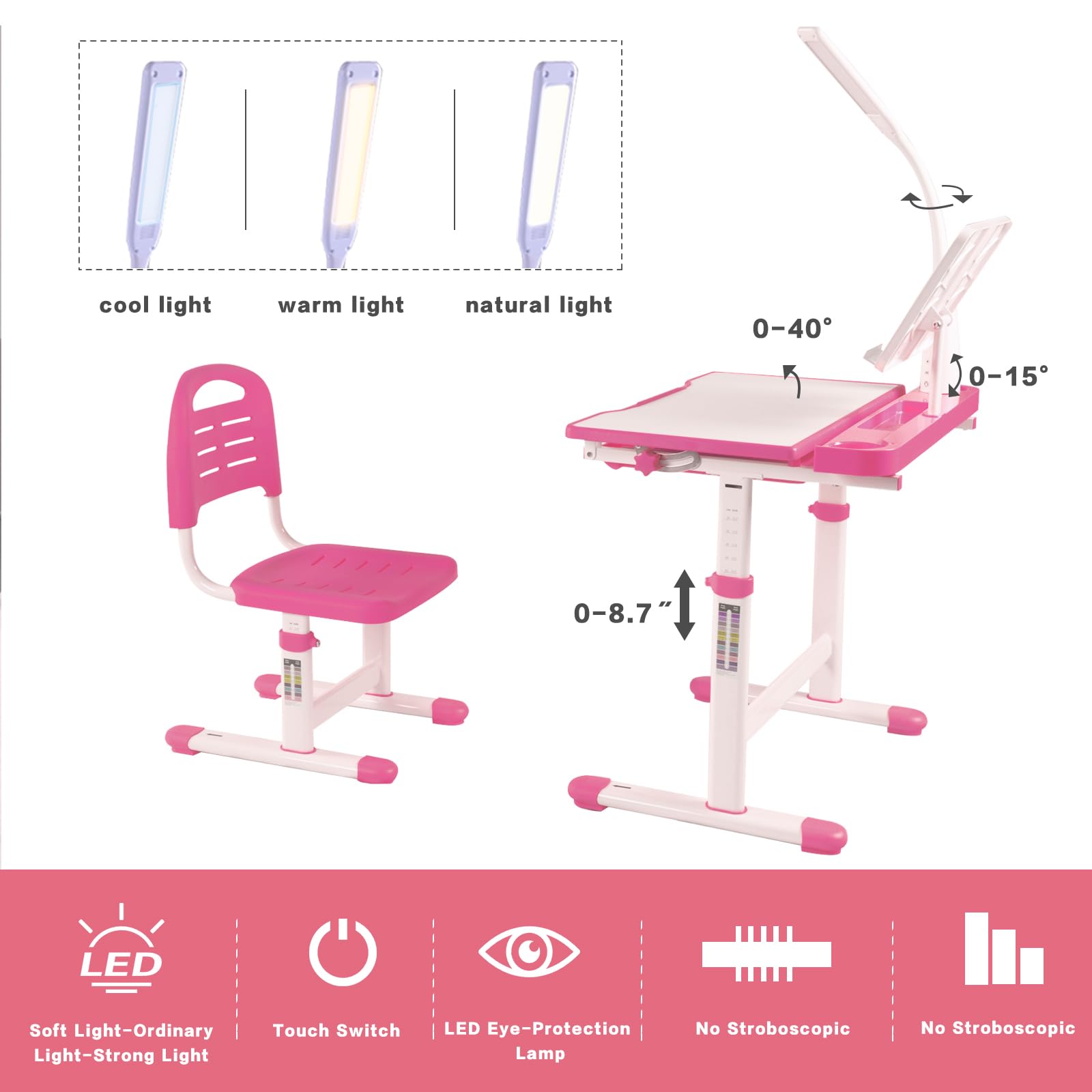 Napfox Adjustable Kids Desk and Chair Set - Ergonomic Study Desk for Children with Height Adjustable & 40° Tiltable Desktop, LED Light & Bookstand (Pink) - Perfect for Homework, Drawing & Online Learning