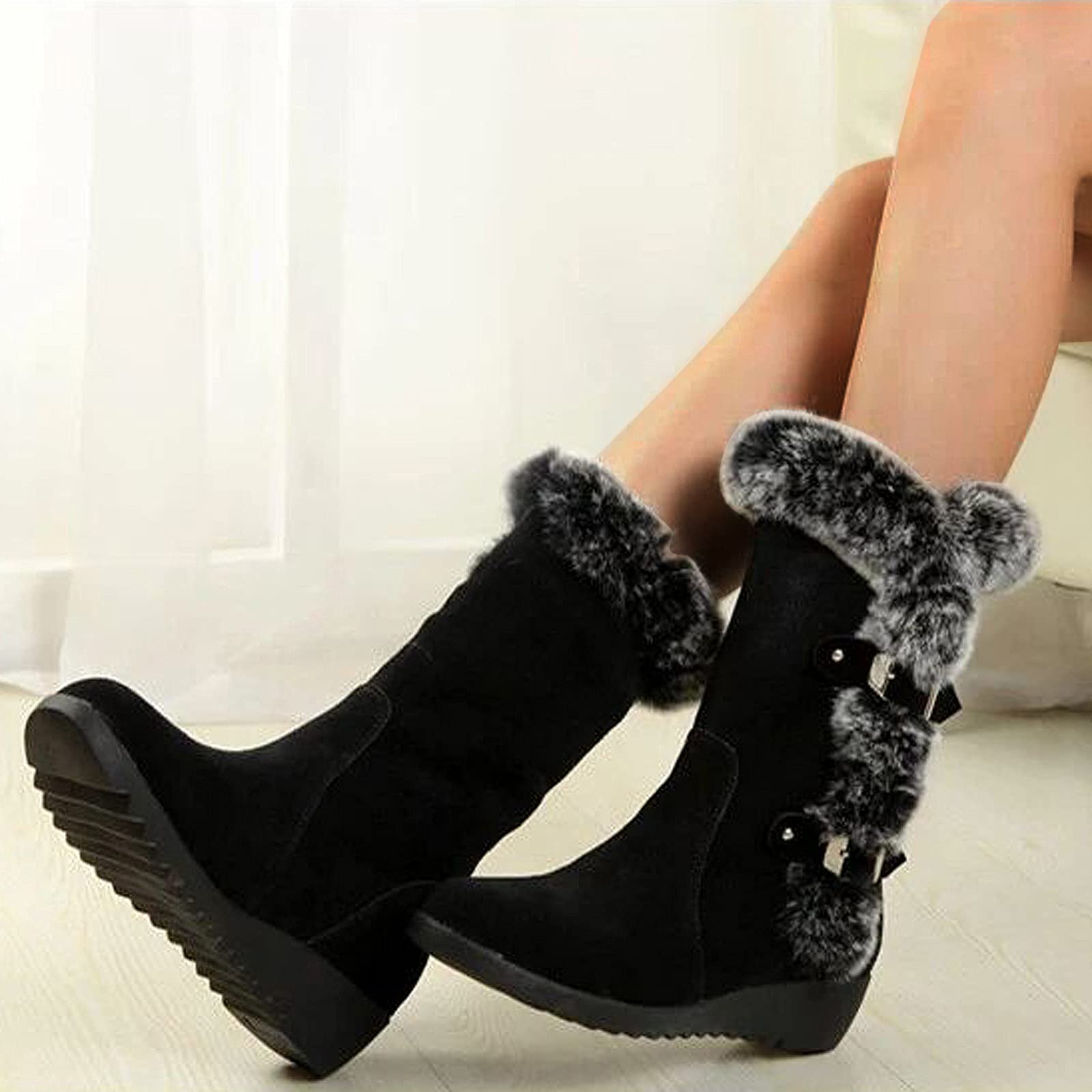 Xbemkste Women's Winter Boots - Warm Fleece Lined Fashion Boots with Wedge Heel, Cotton Buckle & Winter Belt - Cozy Furry Boots for Snow, Cold Weather & Outdoor Activities