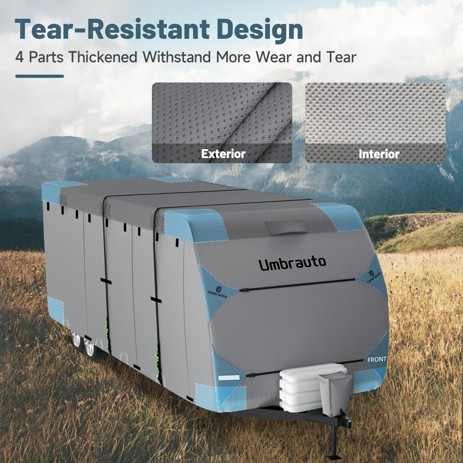 Umbrauto RV Cover 33-35ft - 7 Layer Heavy Duty Waterproof Travel Trailer Cover with Windproof Ropes | Camper Cover for Toy Haulers & Fifth Wheels | Includes Tongue Jack & Gutter Protection | Perfect for Outdoor Storage & Winter Protection