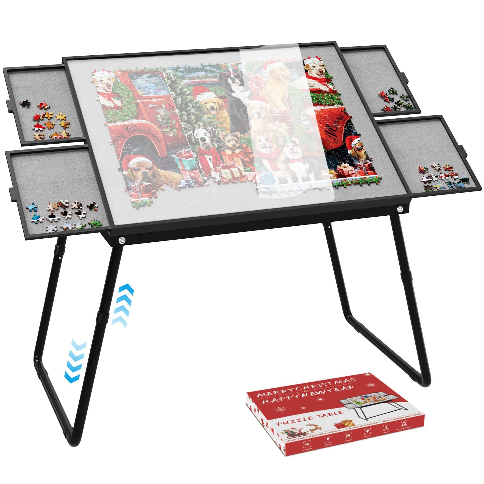Adjustable Height Jigsaw Puzzle Table 18-28 Inch, 2-in-1 Metal Puzzle Board with Foldable Legs - Aluminum Puzzle Table for Adults & Kids - Portable Folding Table with Storage Drawers, Felt Surface & Protective Cover - Perfect for Family Game Nights, Classroom Activities & Home Decor