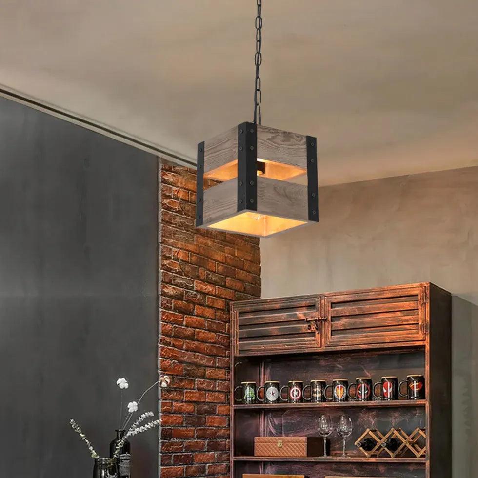 Vintage Wooden Cube Pendant Light - Handcrafted Dining Room Chandelier with Wood Frame for Farmhouse, Kitchen Island & Modern Decor