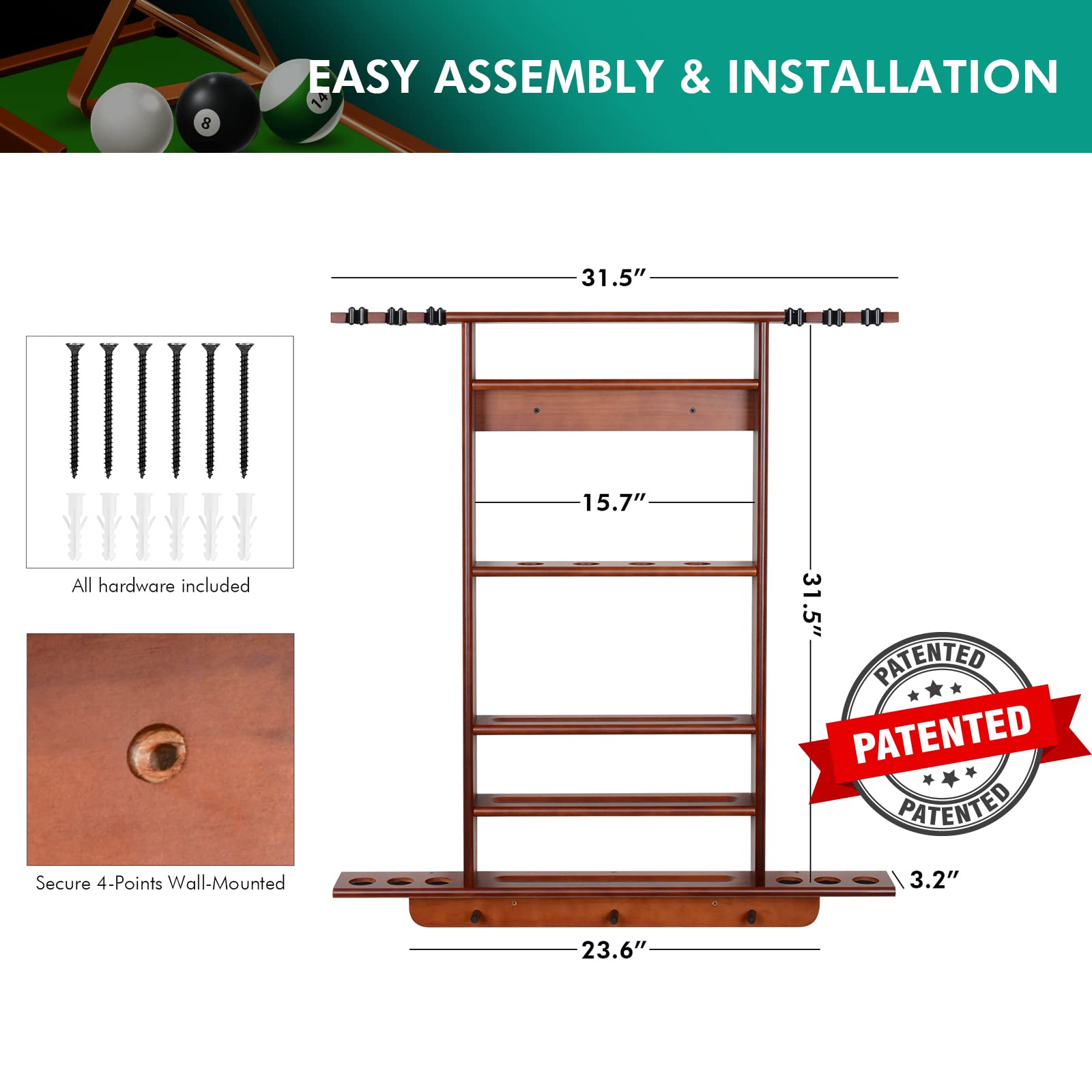XCSOURCE 2-in-1 Pool Cue Rack & Ping Pong Paddle Holder - Solid Pine Wood Wall Mount for Billiards & Table Tennis Accessories - Perfect for Man Cave, Game Room, Basement, or Bar Decor