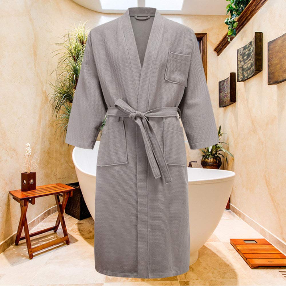 KTUCN Cotton Waffle Bathrobe - Knee Length Summer Kimono for Men & Plus Size Women | Soft Dressing Gown & Bridesmaid Robe in Grey (XL) | Perfect for Spa, Beach Cover-Up & Relaxing at Home