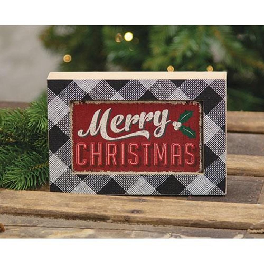 Black and White Plaid Merry Christmas Sign - Rustic Holiday Decor for Home, Office, and Party