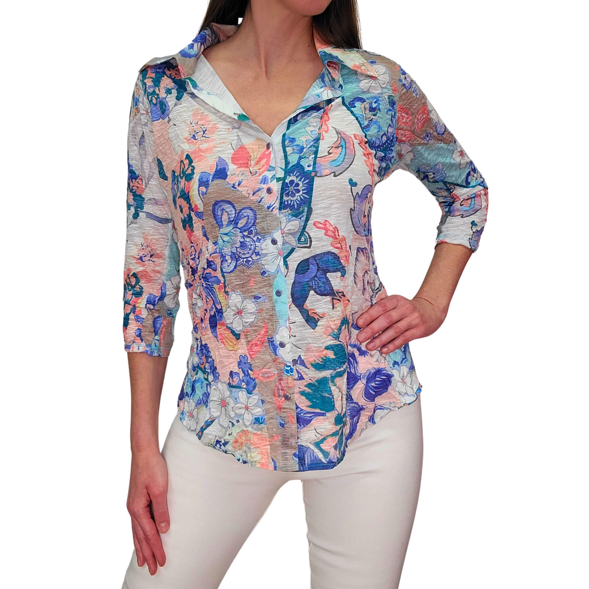 David Cline Women's 3/4 Sleeve Blouse - Casual Flowy Top for Summer, Poolside, and Beach Outings
