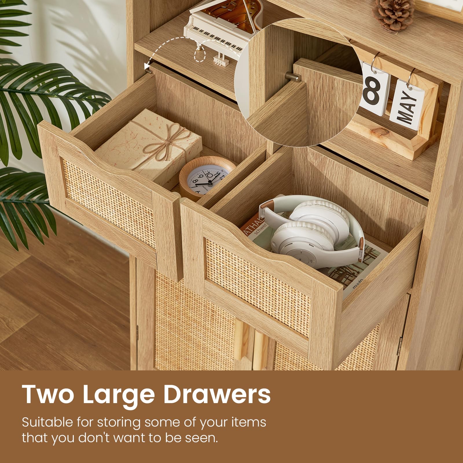 Iwell 2-Door Rattan Storage Cabinet with 2 Drawers & Adjustable Shelves - Kitchen Pantry Organizer, Living Room Cupboard, Home Office Furniture - Perfect for Small Space Organization & Home Decor